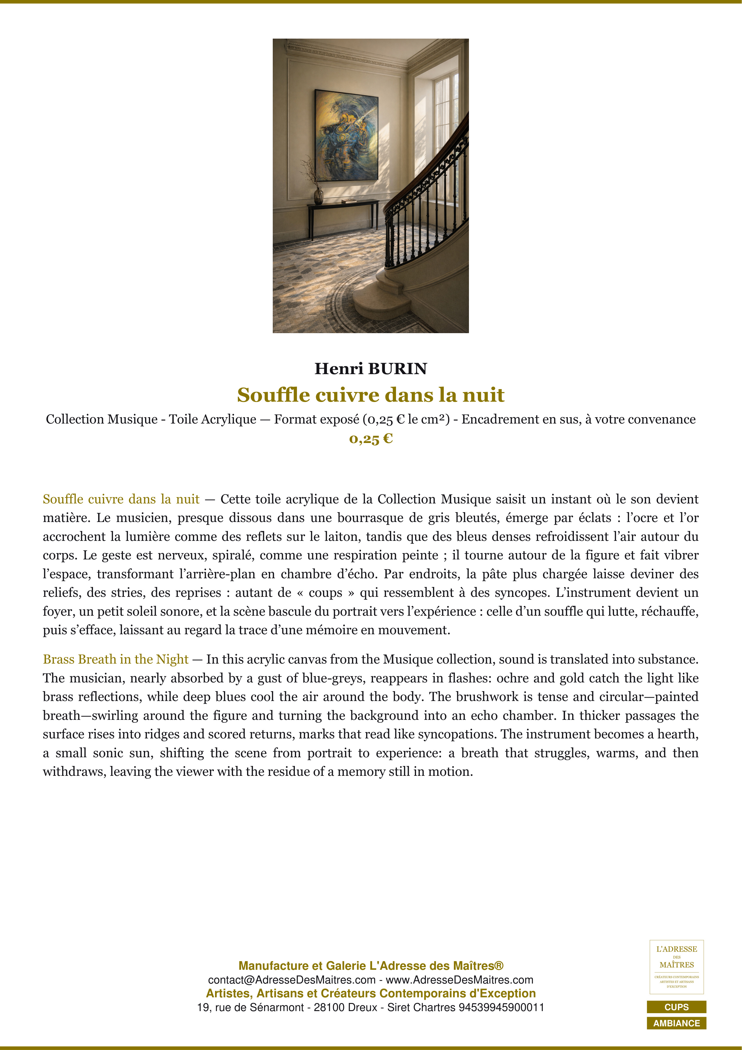 Fiche Premium Ambiance — Souffle cuivre dans la nuit — Henri BURIN — L'Adresse des Maîtres®