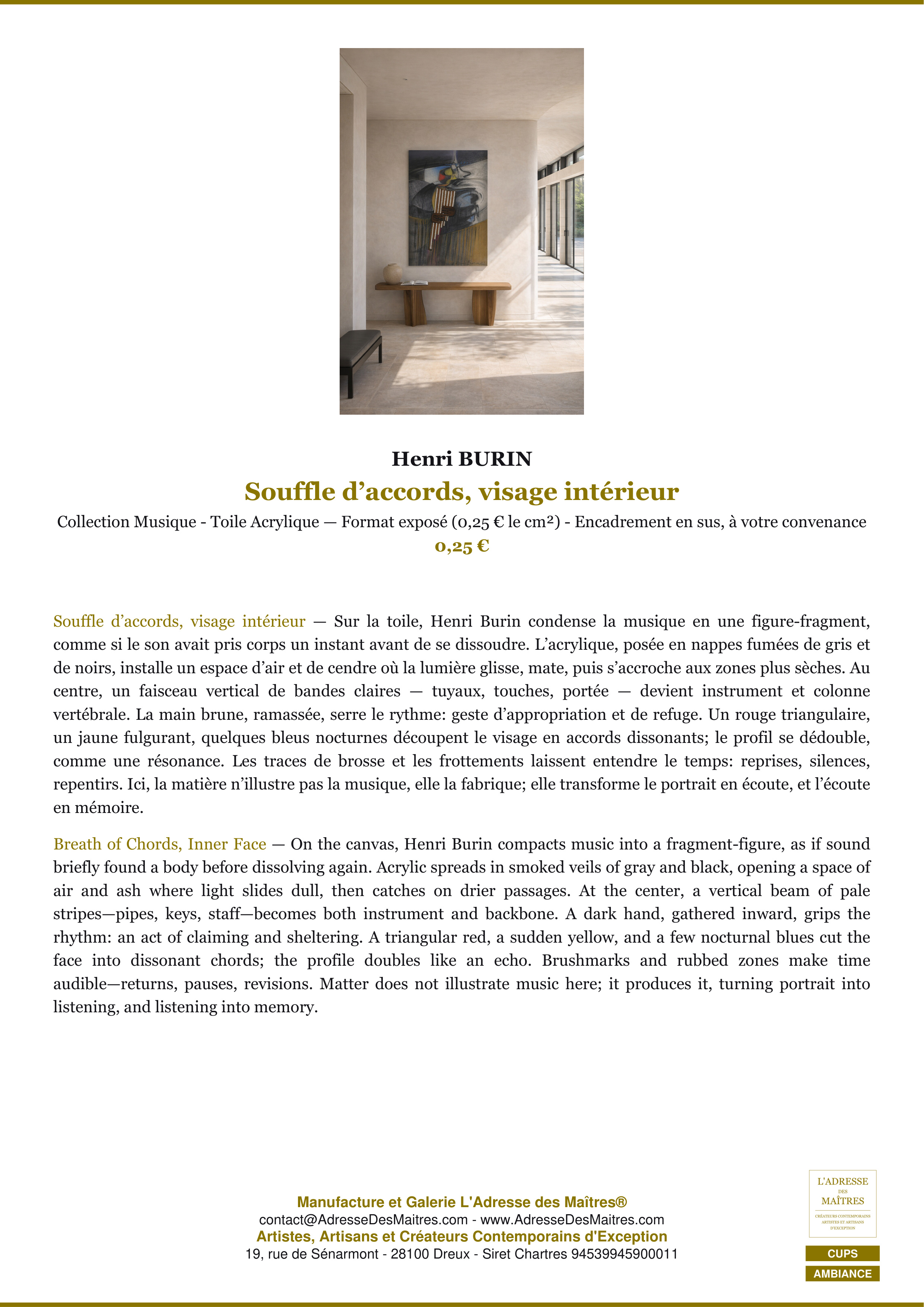 Fiche Premium Ambiance — Souffle d’accords, visage intérieur — Henri BURIN — L'Adresse des Maîtres®
