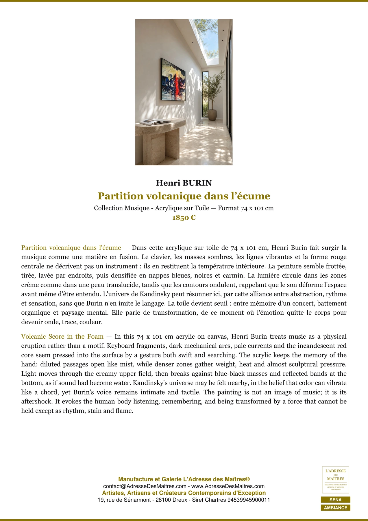 Fiche Premium Ambiance — Partition volcanique dans l’écume — Henri BURIN — L'Adresse des Maîtres®