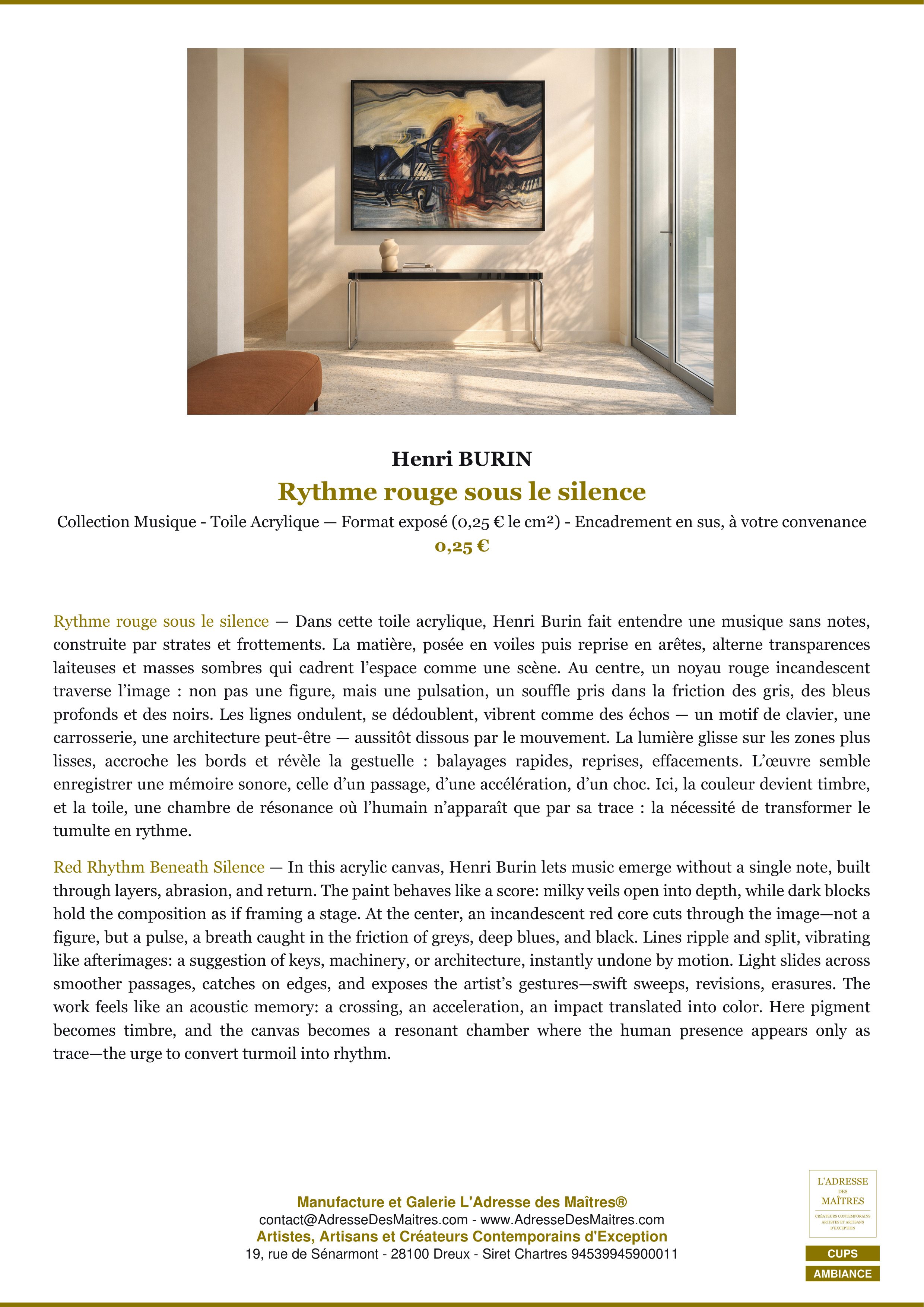 Fiche Premium Ambiance — Rythme rouge sous le silence — Henri BURIN — L'Adresse des Maîtres®