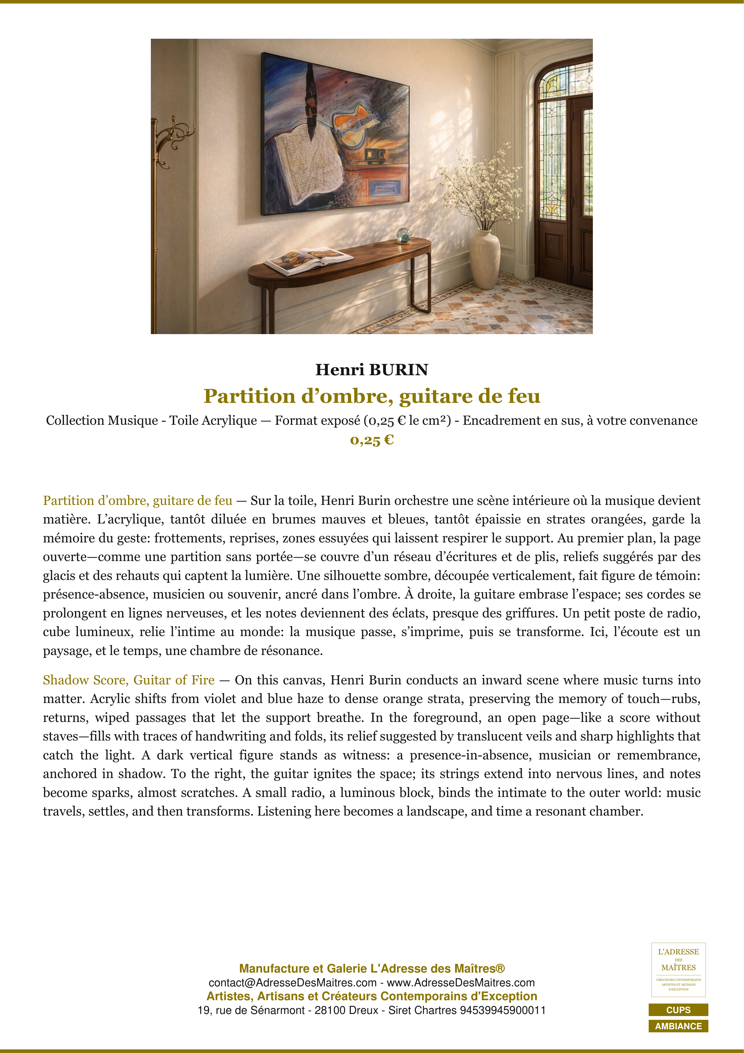 Fiche Premium Ambiance — Partition d’ombre, guitare de feu — Henri BURIN — L'Adresse des Maîtres®