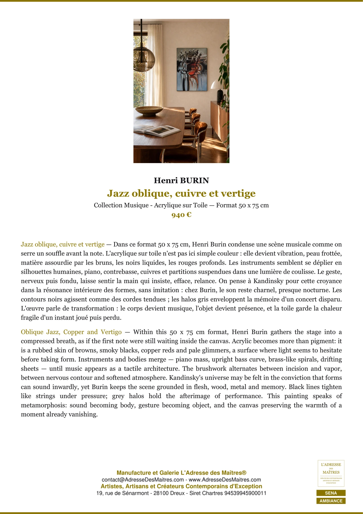 Fiche Premium Ambiance — Jazz oblique, cuivre et vertige — Henri BURIN — L'Adresse des Maîtres®