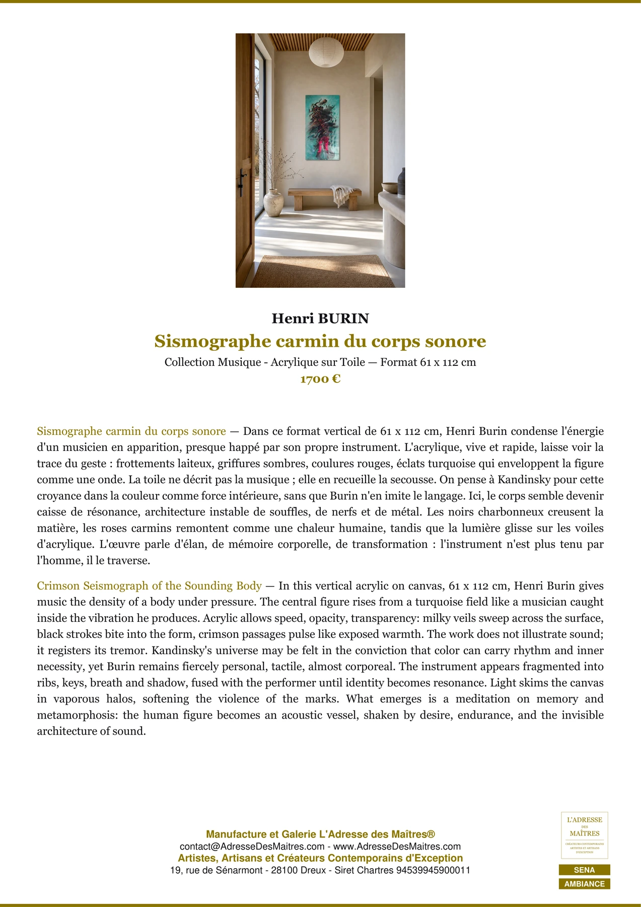 Fiche Premium Ambiance — Sismographe carmin du corps sonore — Henri BURIN — L'Adresse des Maîtres®
