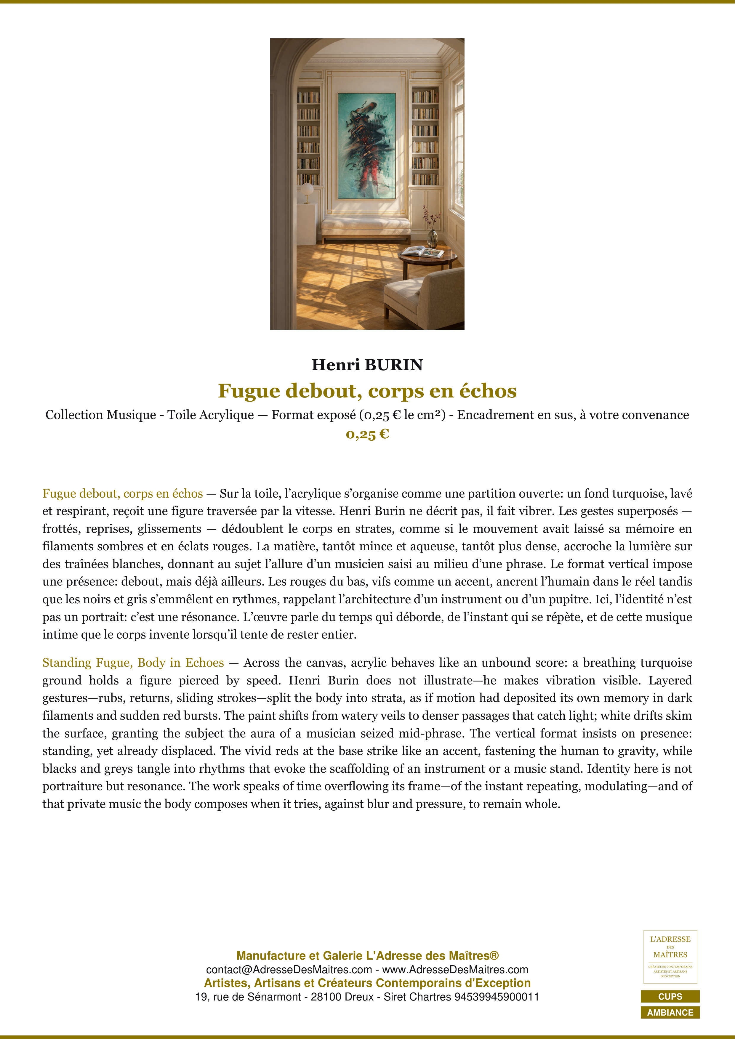 Fiche Premium Ambiance — Fugue debout, corps en échos — Henri BURIN — L'Adresse des Maîtres®