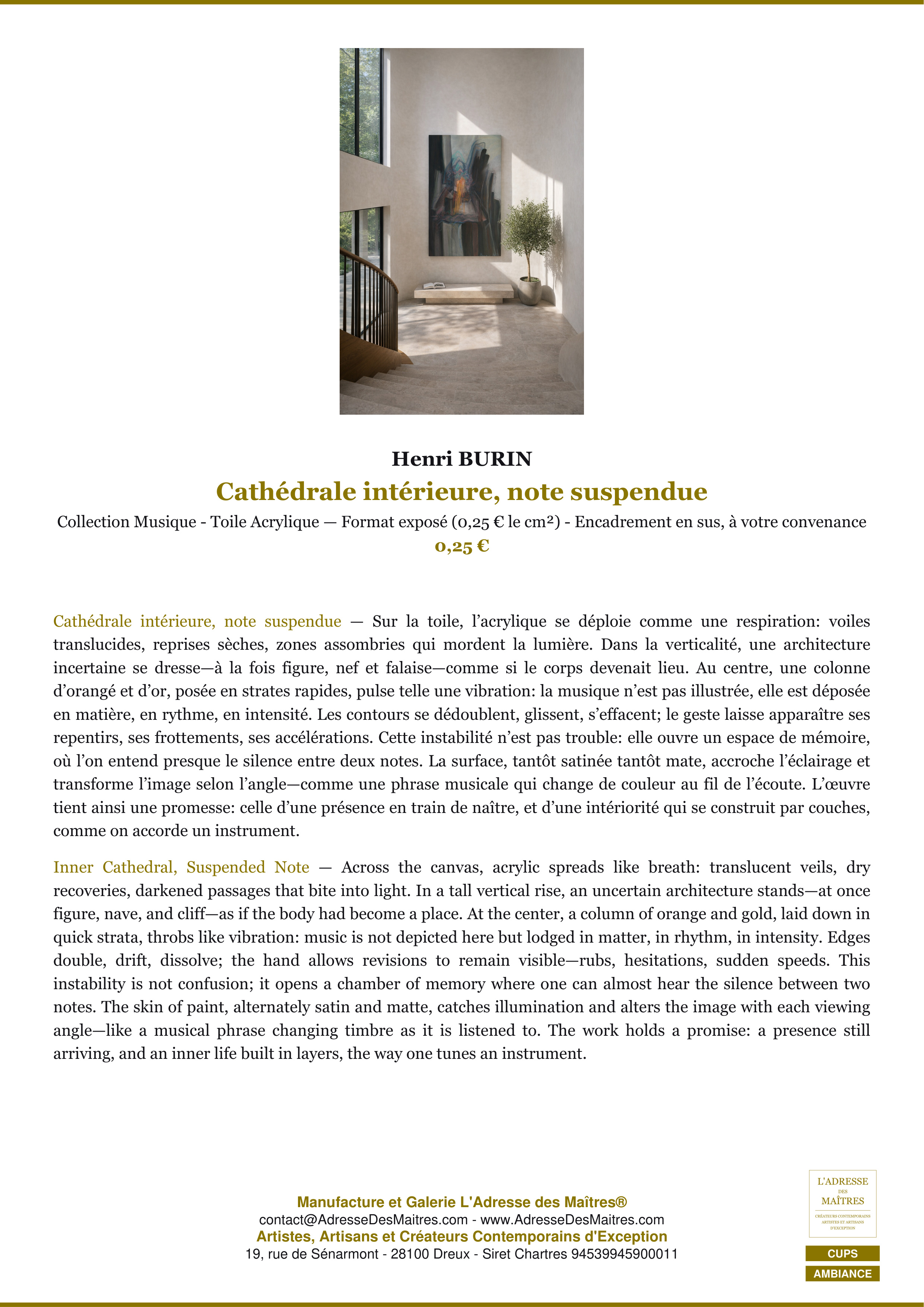 Fiche Premium Ambiance — Cathédrale intérieure, note suspendue — Henri BURIN — L'Adresse des Maîtres®