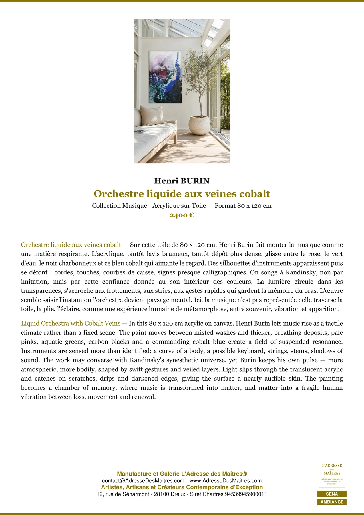 Fiche Premium Ambiance — Orchestre liquide aux veines cobalt — Henri BURIN — L'Adresse des Maîtres®