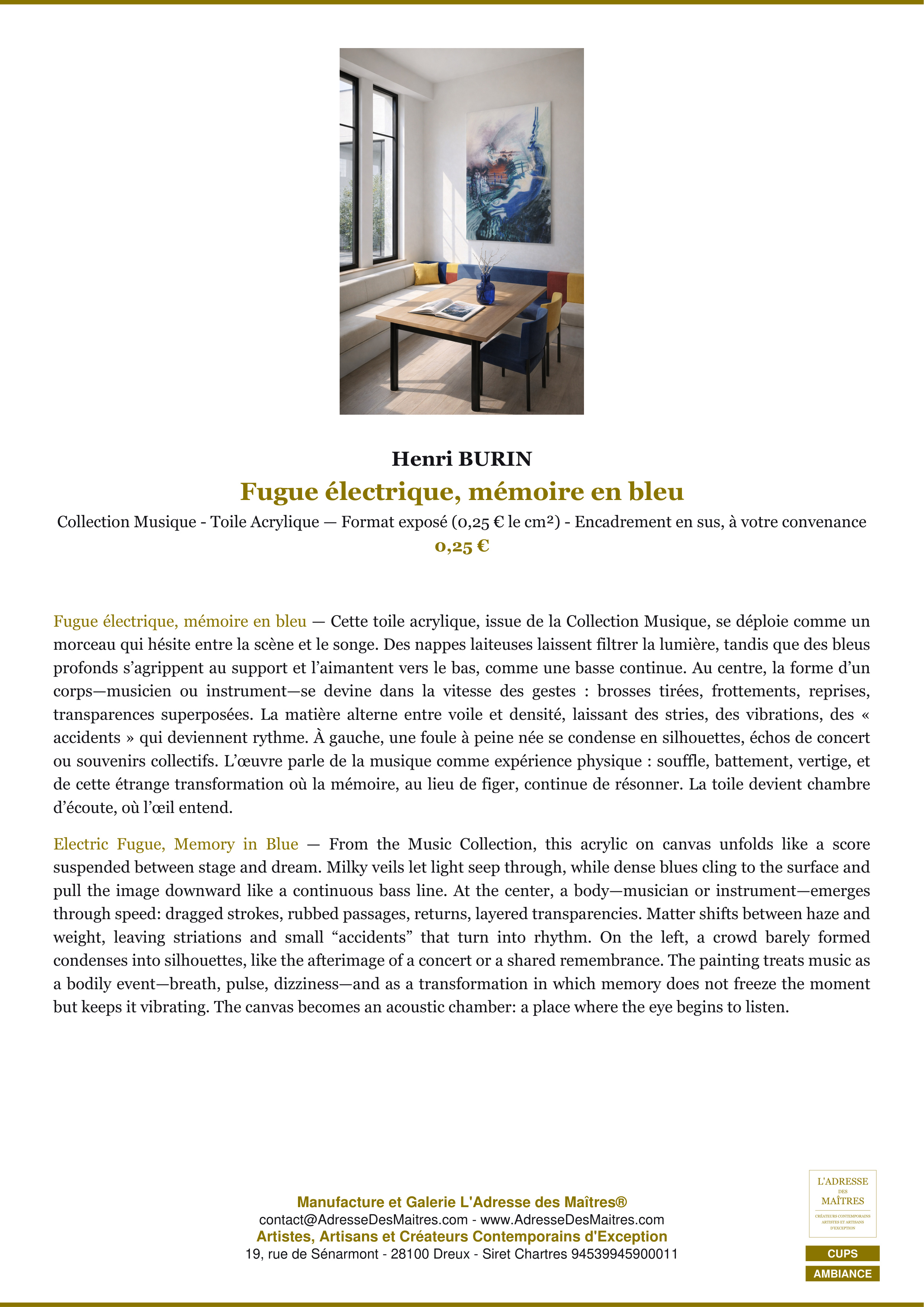 Fiche Premium Ambiance — Fugue électrique, mémoire en bleu — Henri BURIN — L'Adresse des Maîtres®