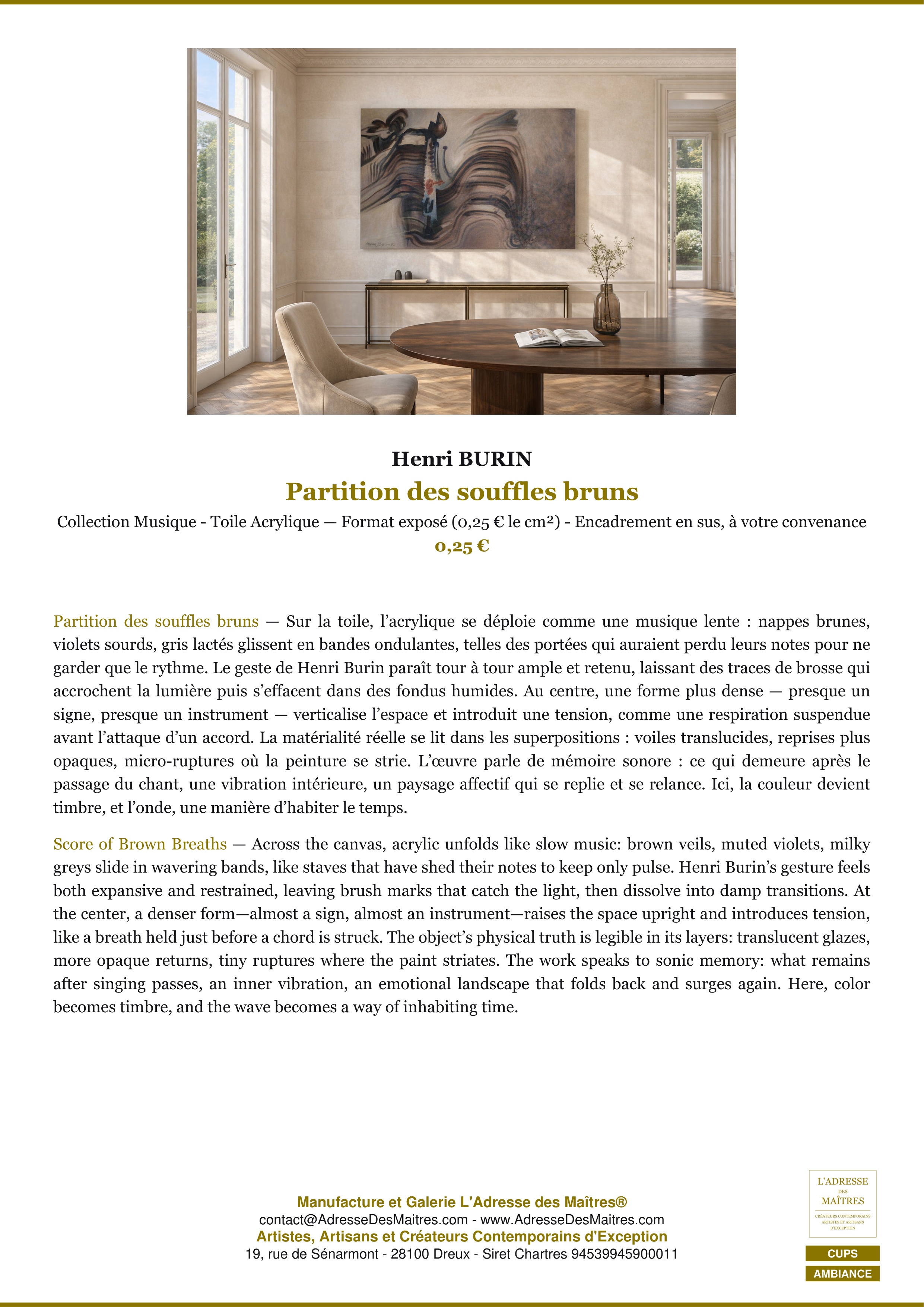Fiche Premium Ambiance — Partition des souffles bruns — Henri BURIN — L'Adresse des Maîtres®