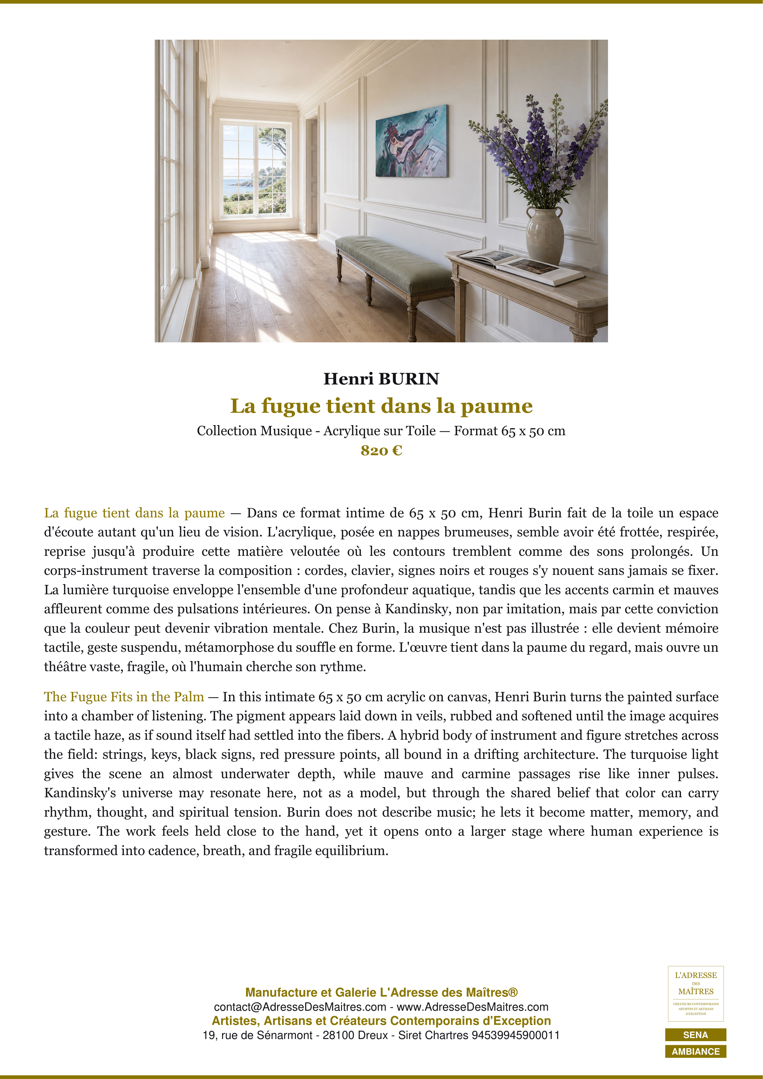 Fiche Premium Ambiance — La fugue tient dans la paume — Henri BURIN — L'Adresse des Maîtres®