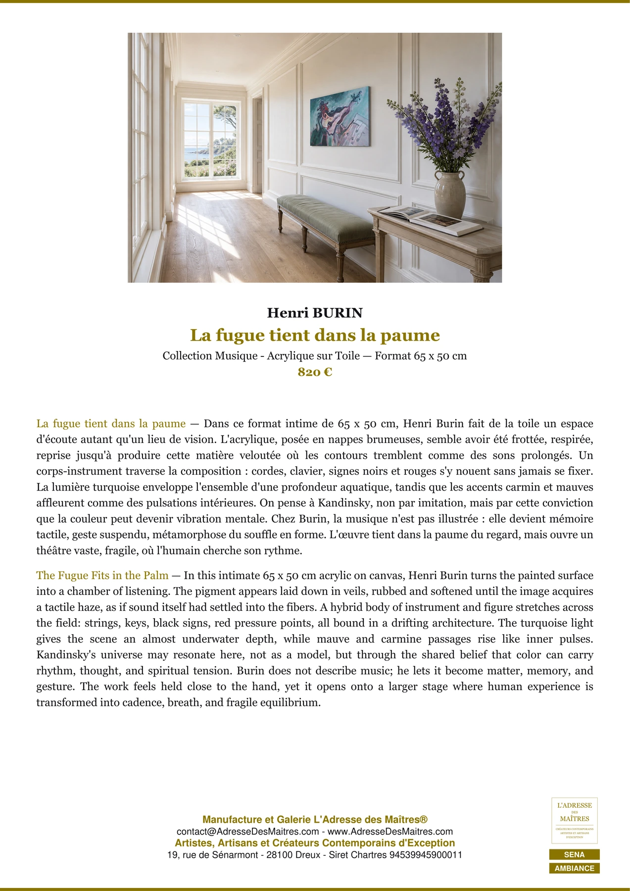 Fiche Premium Ambiance — La fugue tient dans la paume — Henri BURIN — L'Adresse des Maîtres®