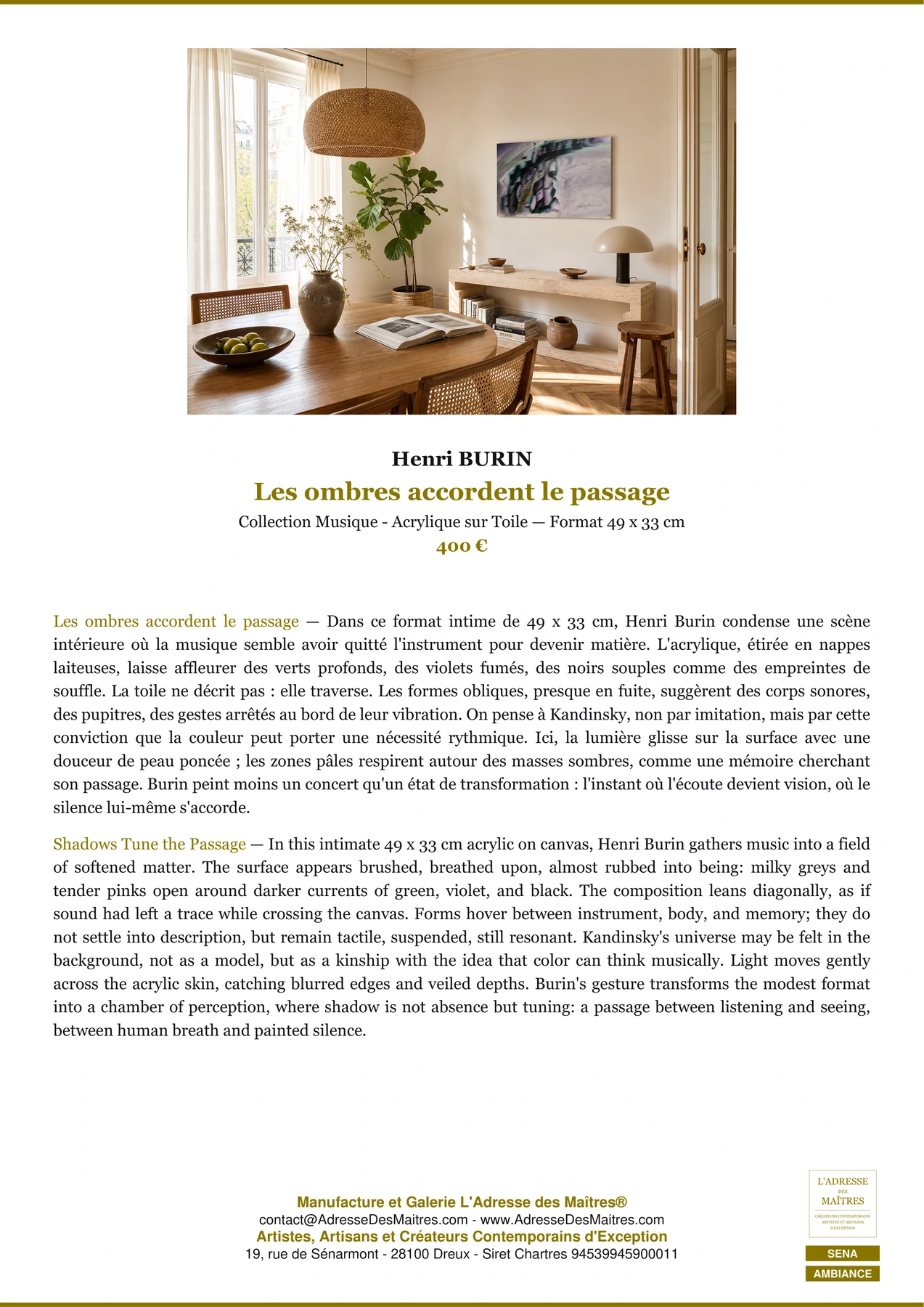 Fiche Premium Ambiance — Les ombres accordent le passage — Henri BURIN — L'Adresse des Maîtres®