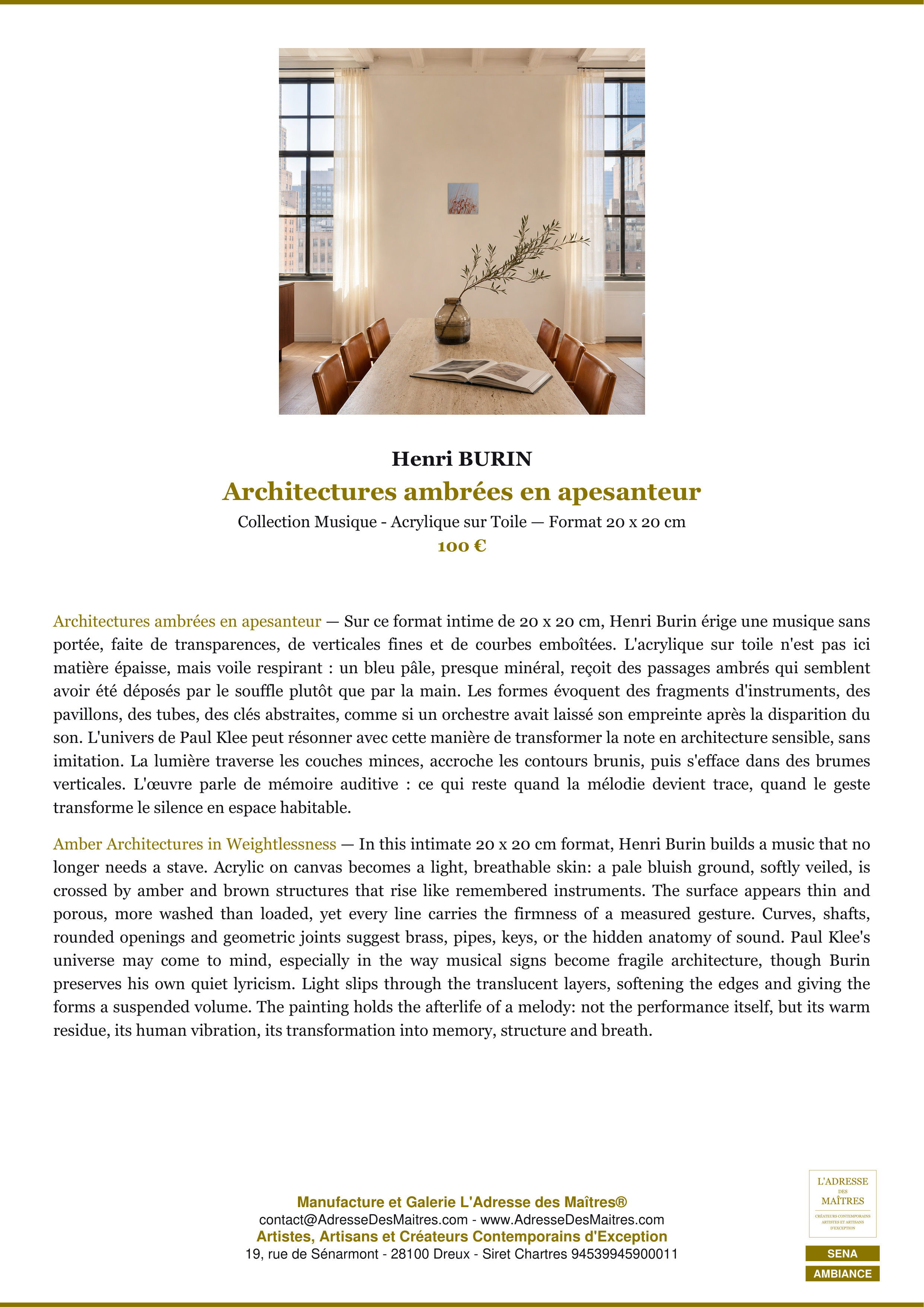 Fiche Premium Ambiance — Architectures ambrées en apesanteur — Henri BURIN — L'Adresse des Maîtres®