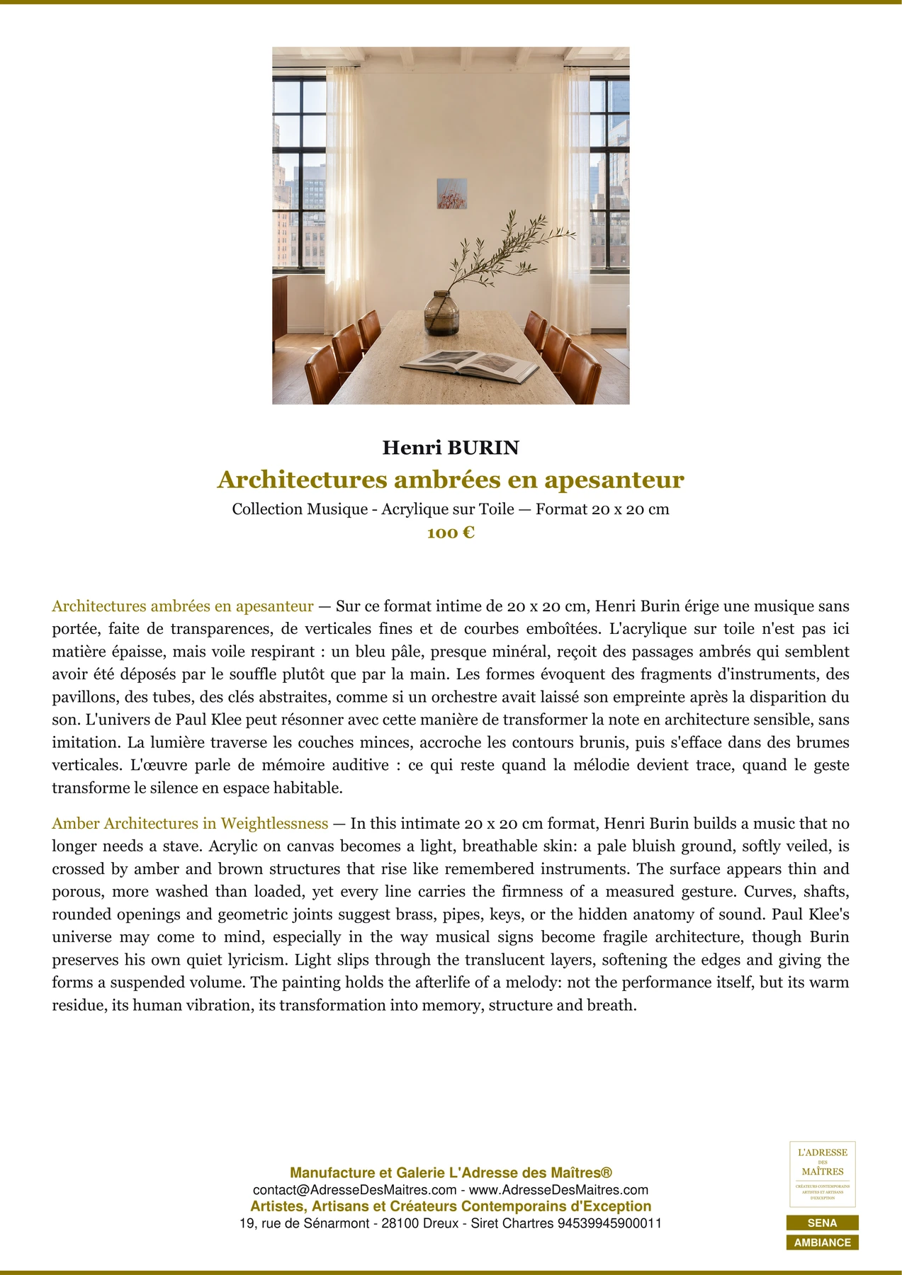 Fiche Premium Ambiance — Architectures ambrées en apesanteur — Henri BURIN — L'Adresse des Maîtres®
