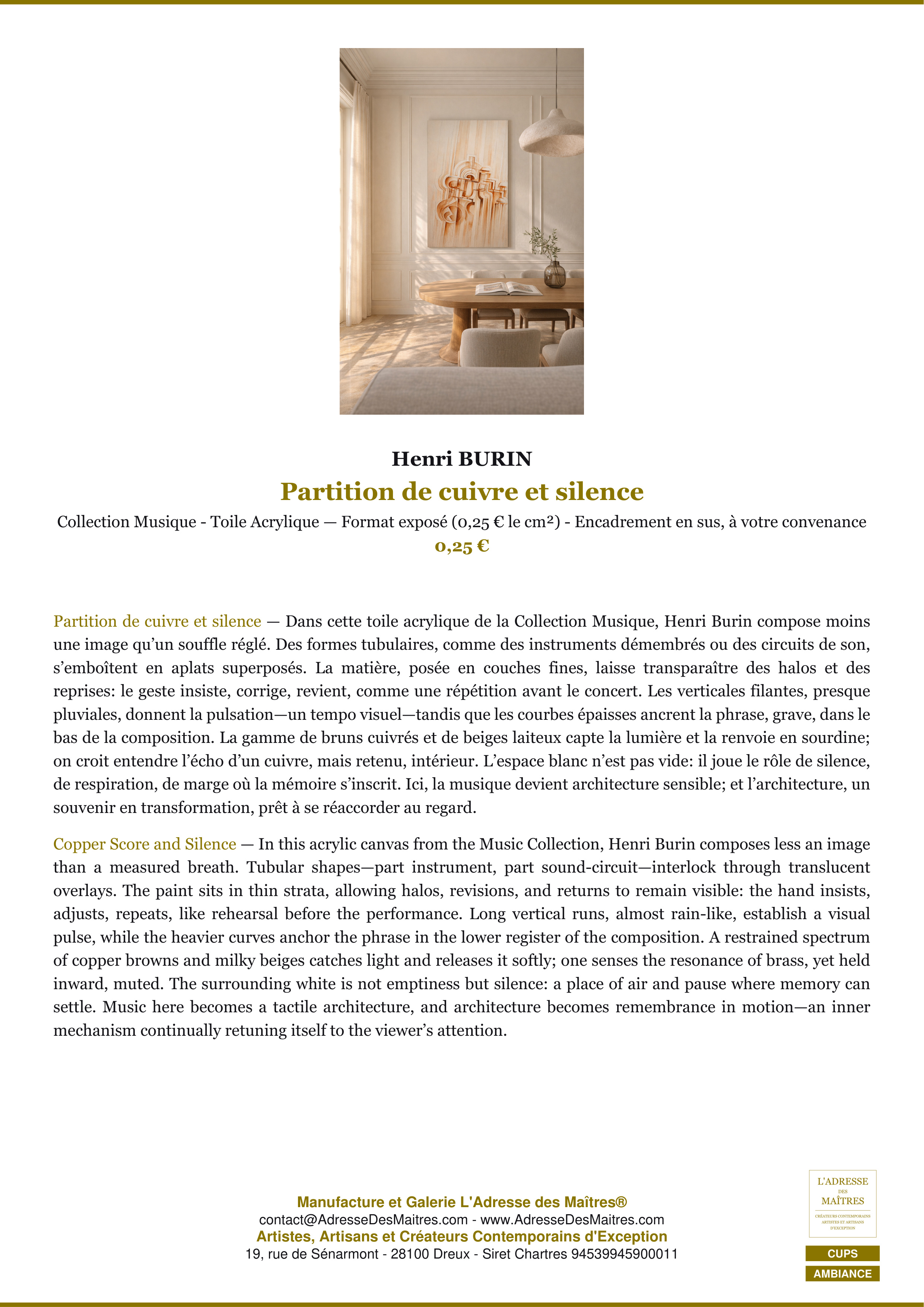 Fiche Premium Ambiance — Partition de cuivre et silence — Henri BURIN — L'Adresse des Maîtres®