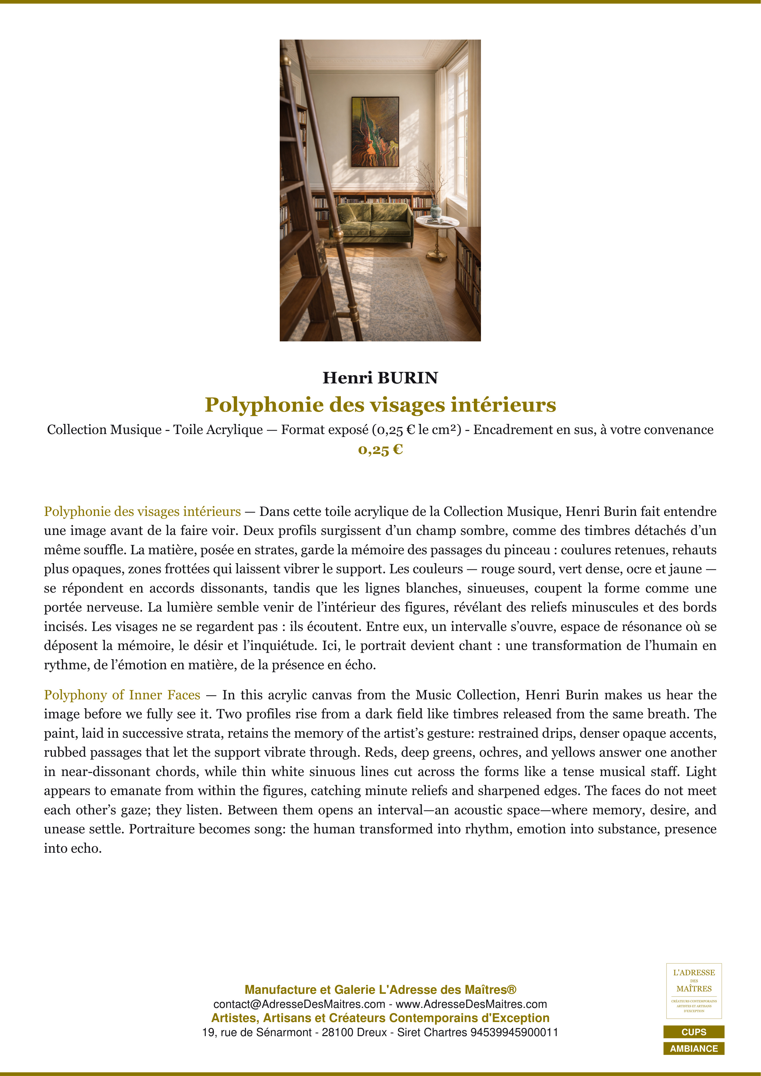 Fiche Premium Ambiance — Polyphonie des visages intérieurs — Henri BURIN — L'Adresse des Maîtres®