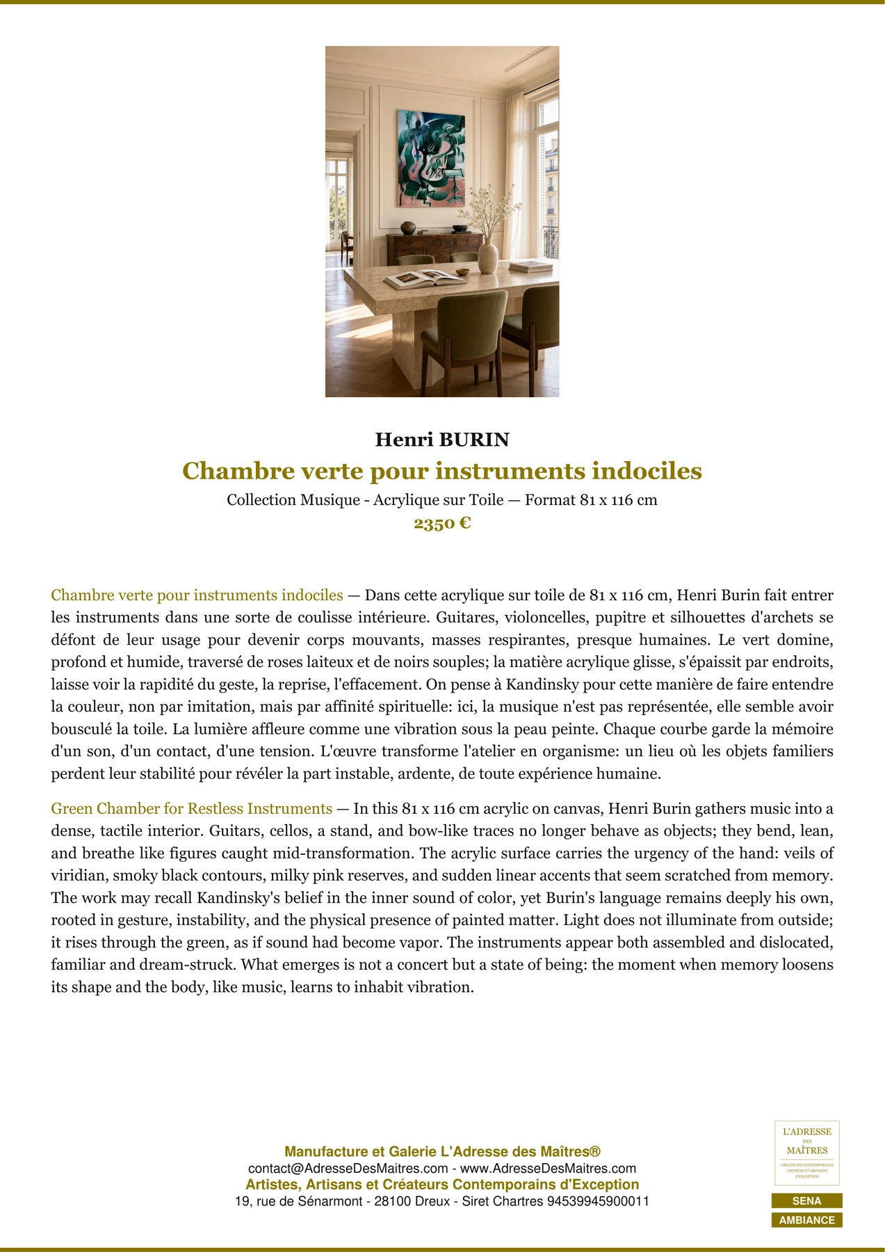 Fiche Premium Ambiance — Chambre verte pour instruments indociles — Henri BURIN — L'Adresse des Maîtres®