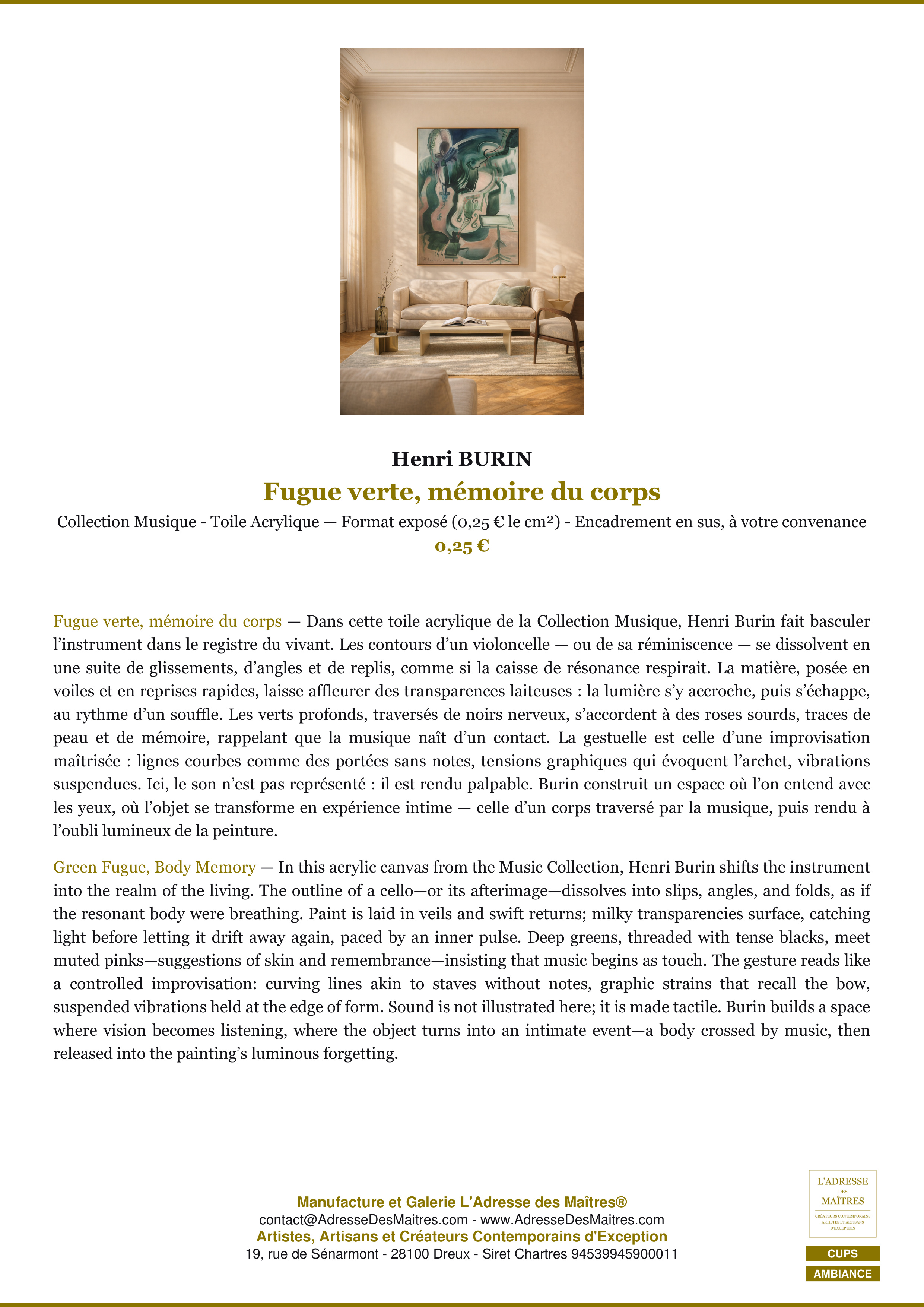 Fiche Premium Ambiance — Fugue verte, mémoire du corps — Henri BURIN — L'Adresse des Maîtres®