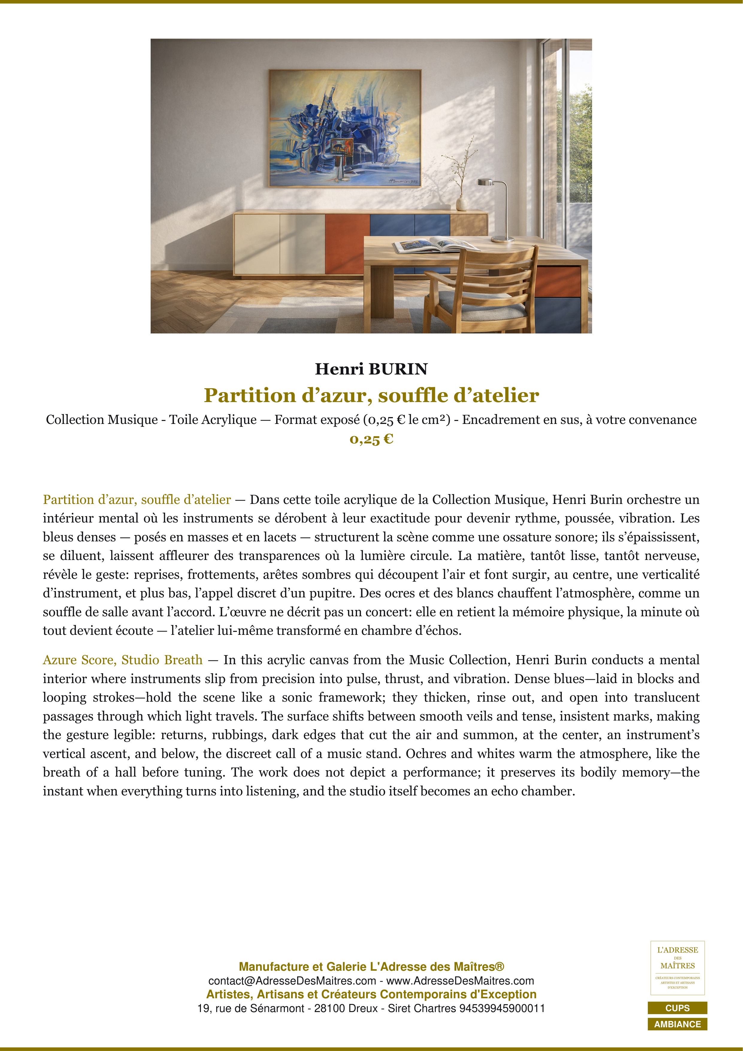 Fiche Premium Ambiance — Partition d’azur, souffle d’atelier — Henri BURIN — L'Adresse des Maîtres®