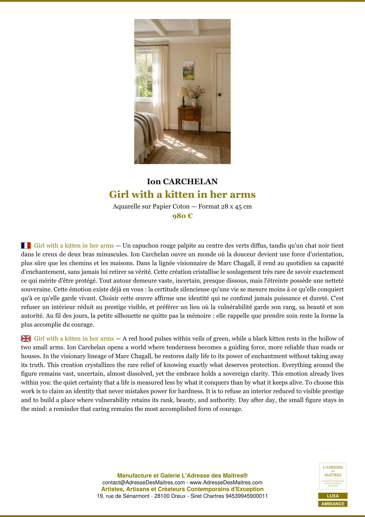 Fiche Premium Ambiance - Girl with a kitten in her arms - Ion CARCHELAN - L'Adresse des Maîtres®