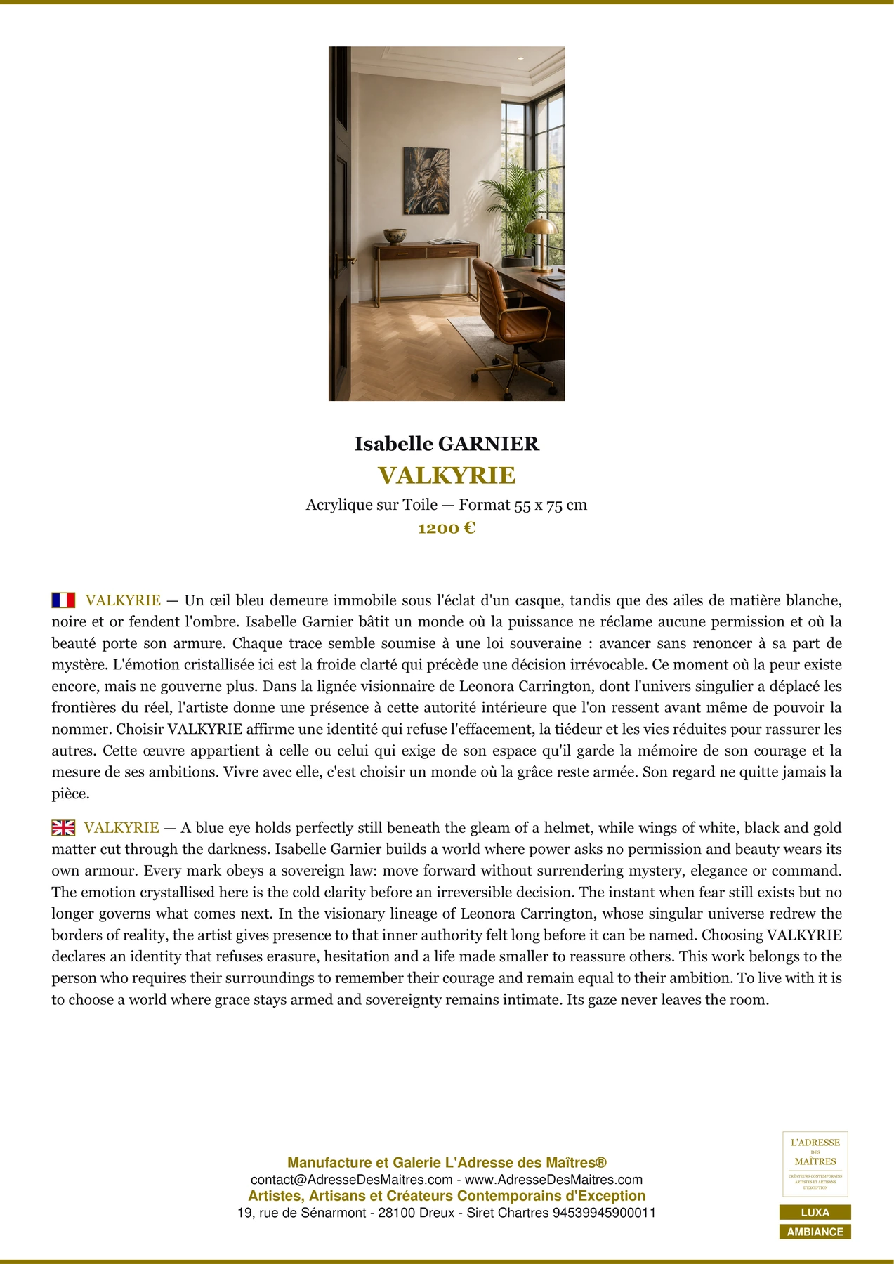 Fiche Premium Ambiance - VALKYRIE - Isabelle GARNIER - L'Adresse des Maîtres®