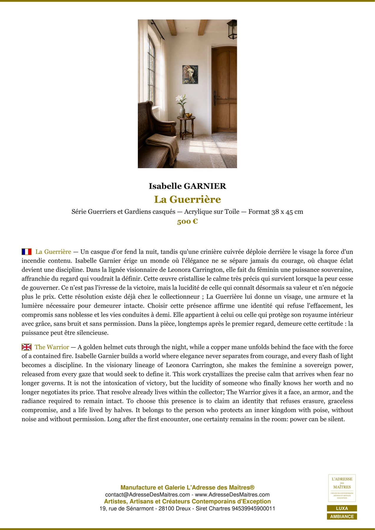 Fiche Premium Ambiance - La Guerrière - Isabelle GARNIER - L'Adresse des Maîtres®