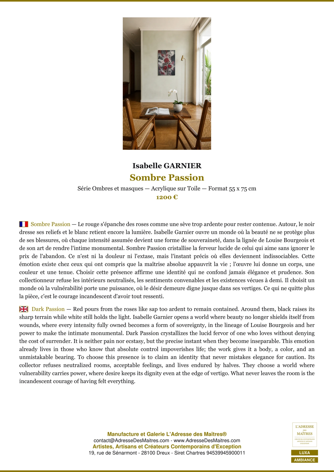 Fiche Premium Ambiance - Sombre Passion - Isabelle GARNIER - L'Adresse des Maîtres®