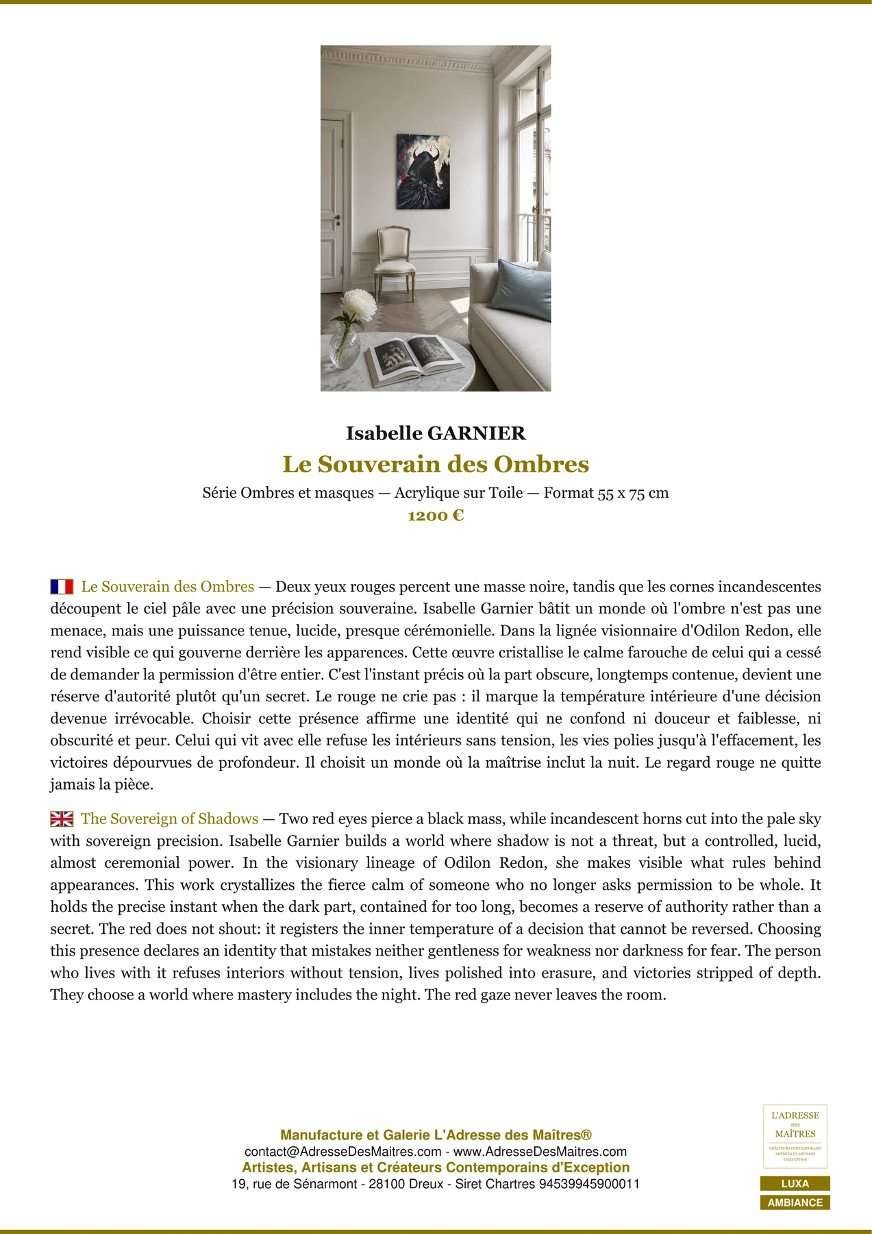 Fiche Premium Ambiance - Le Souverain des Ombres - Isabelle GARNIER - L'Adresse des Maîtres®