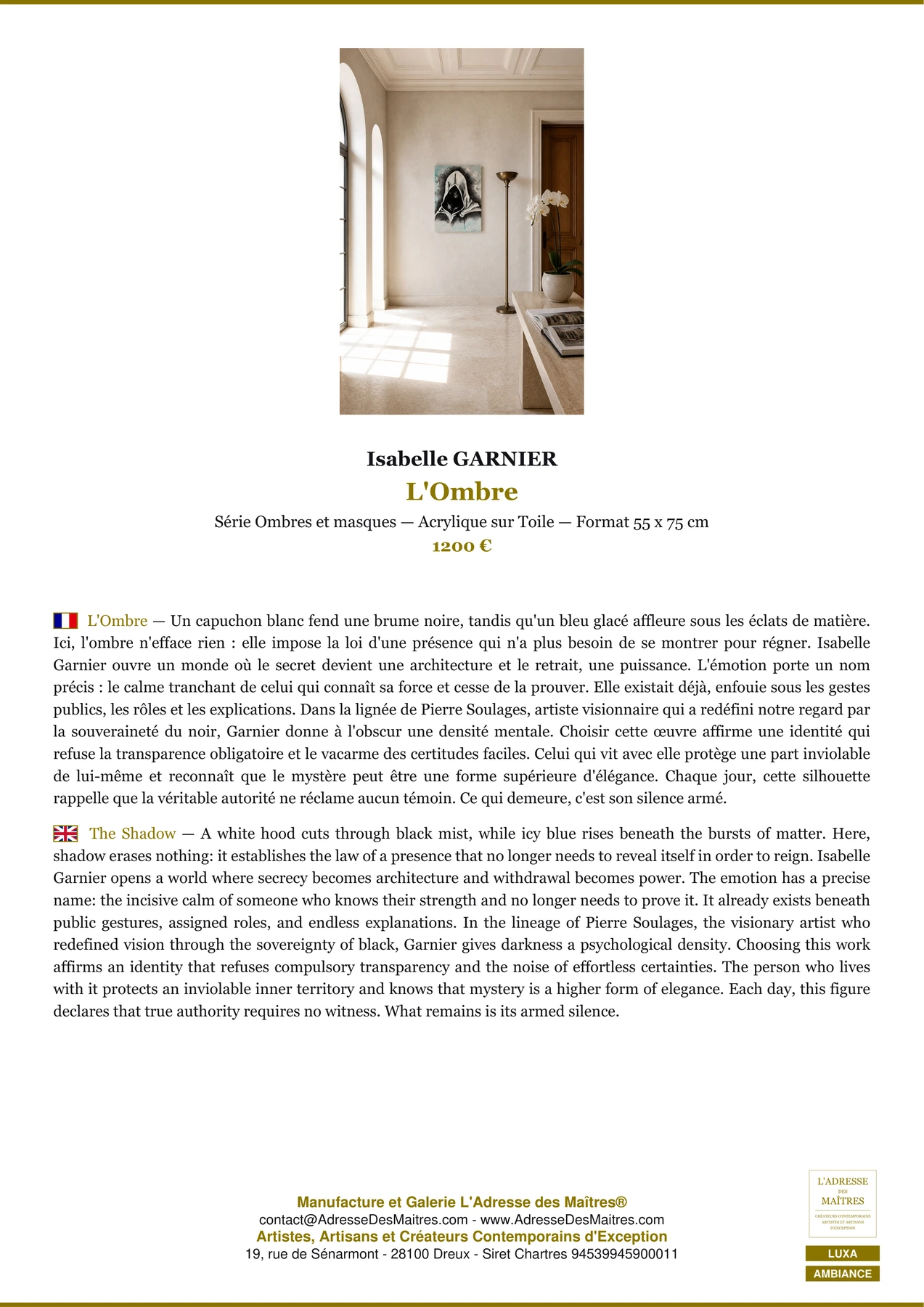 Fiche Premium Ambiance - L'Ombre - Isabelle GARNIER - L'Adresse des Maîtres®