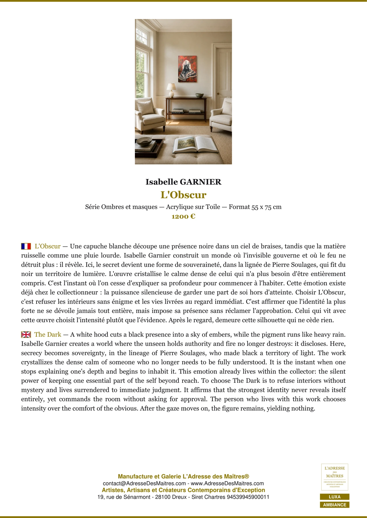 Fiche Premium Ambiance - L'Obscur - Isabelle GARNIER - L'Adresse des Maîtres®