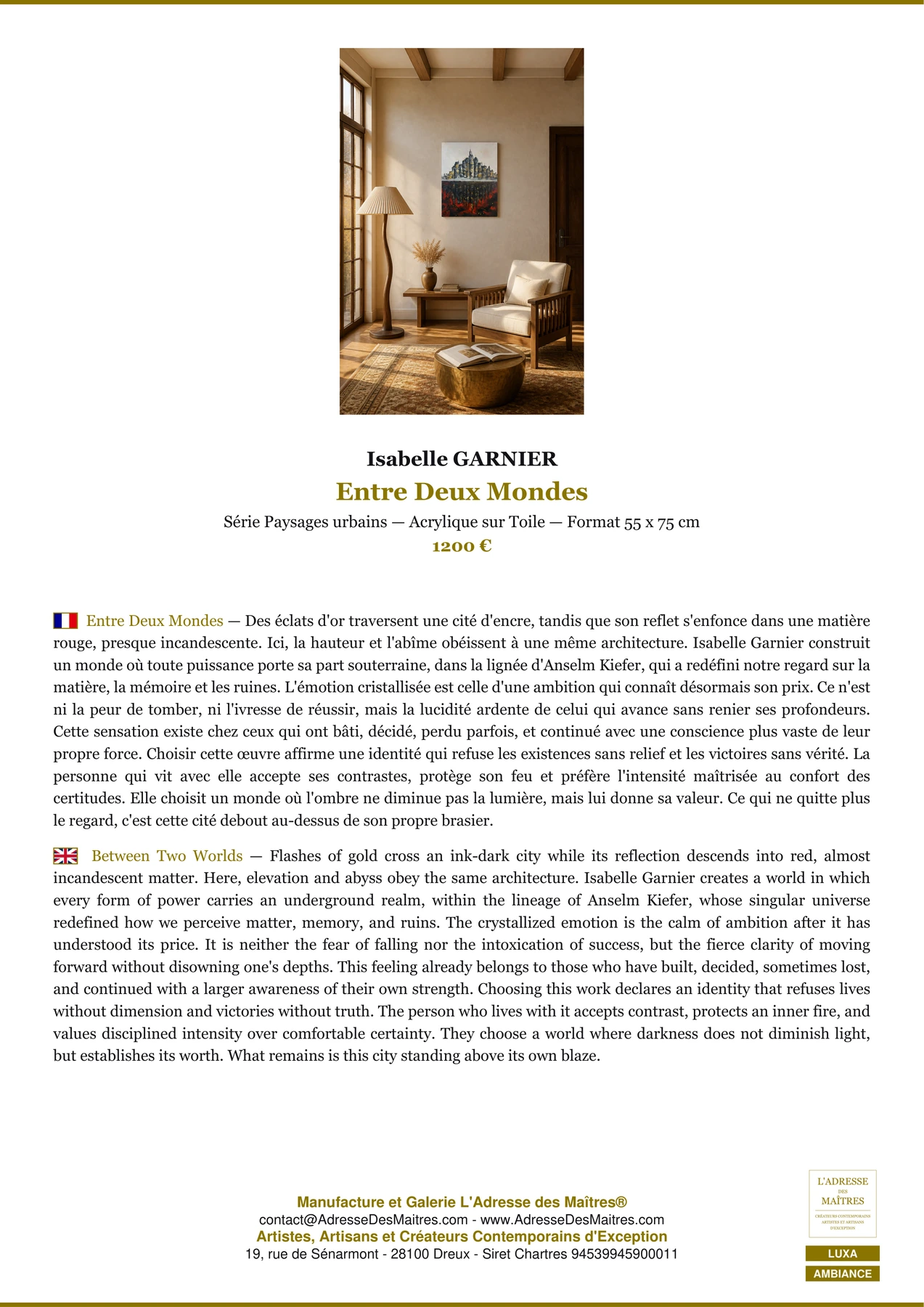 Fiche Premium Ambiance - Entre Deux Mondes - Isabelle GARNIER - L'Adresse des Maîtres®
