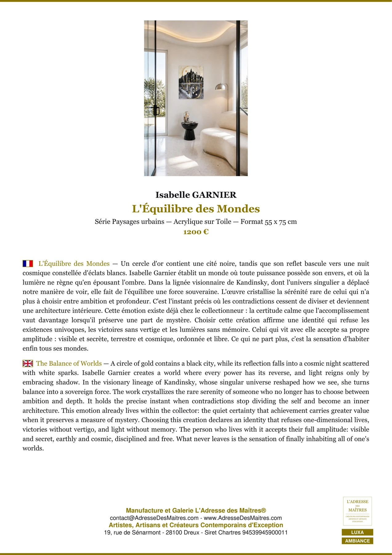 Fiche Premium Ambiance - L'Équilibre des Mondes - Isabelle GARNIER - L'Adresse des Maîtres®