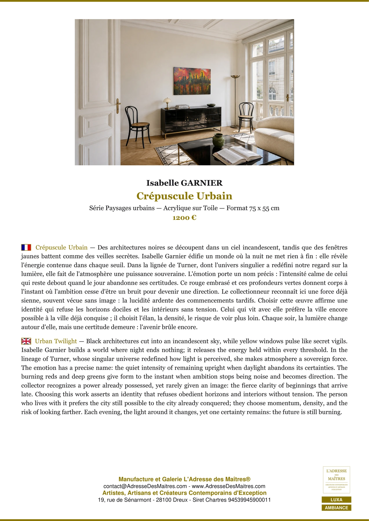 Fiche Premium Ambiance - Crépuscule Urbain - Isabelle GARNIER - L'Adresse des Maîtres®