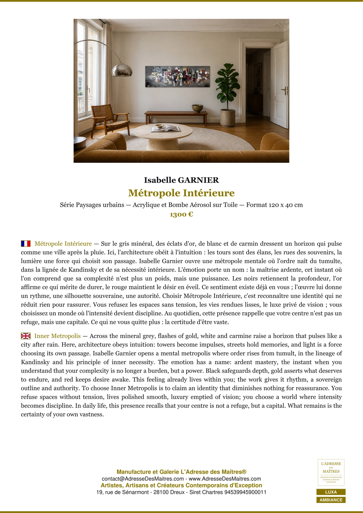 Fiche Premium Ambiance - Métropole Intérieure - Isabelle GARNIER - L'Adresse des Maîtres®