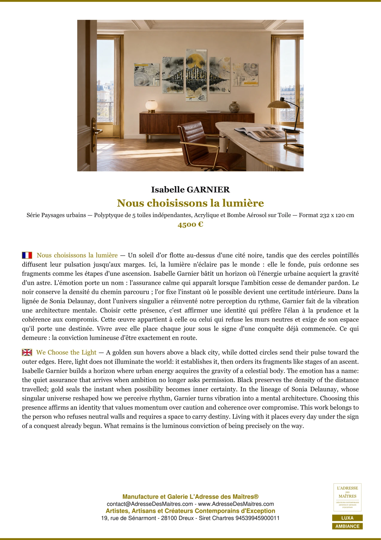 Fiche Premium Ambiance - Nous choisissons la lumière - Isabelle GARNIER - L'Adresse des Maîtres®