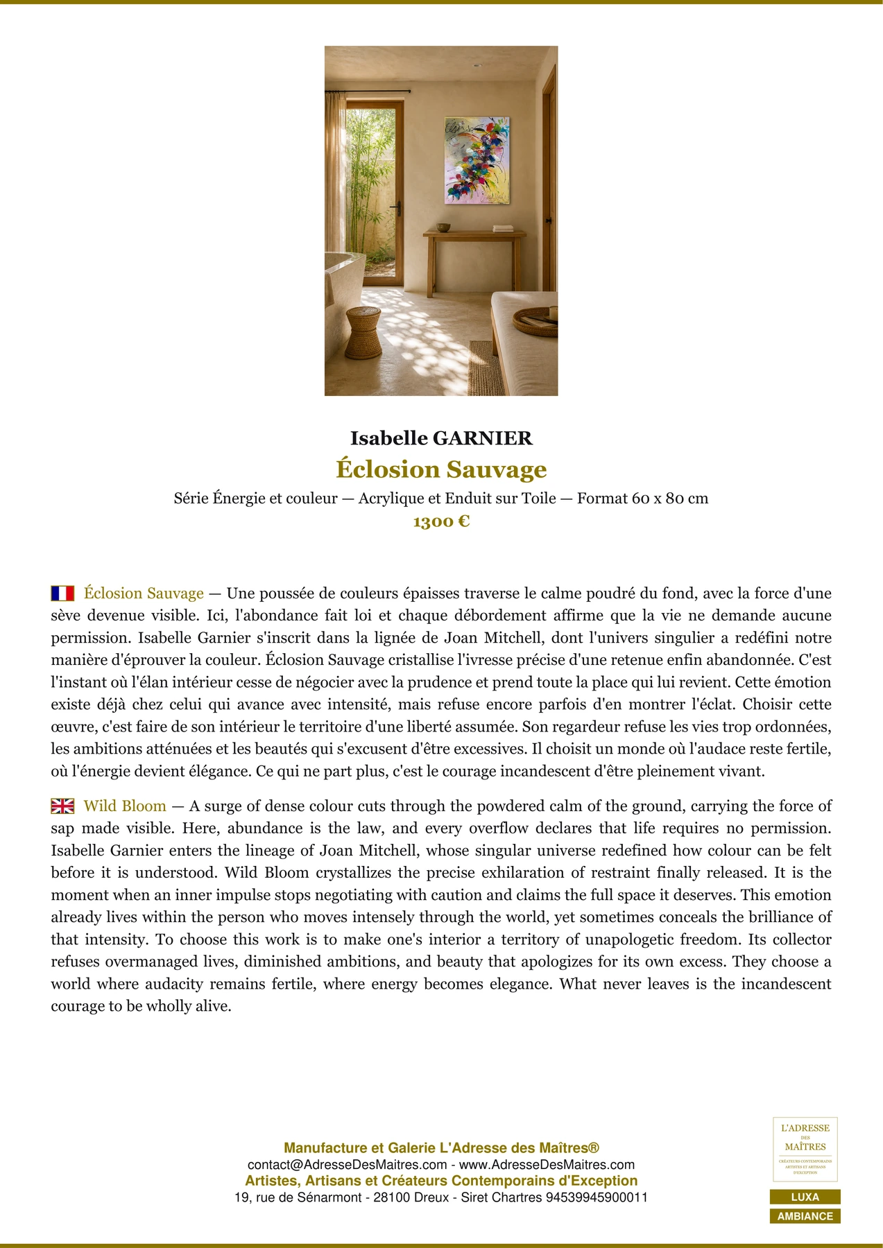 Fiche Premium Ambiance - Éclosion Sauvage - Isabelle GARNIER - L'Adresse des Maîtres®