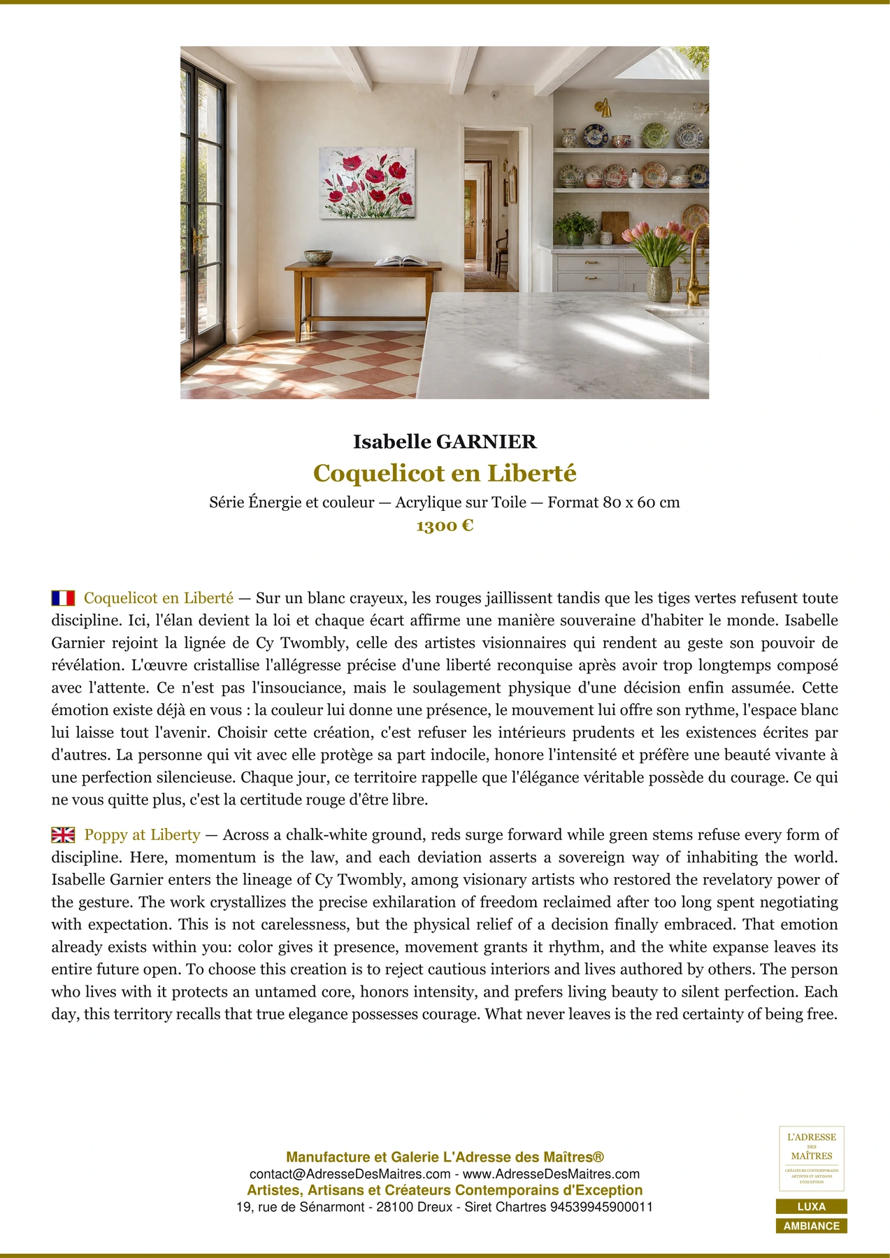 Fiche Premium Ambiance - Coquelicot en Liberté - Isabelle GARNIER - L'Adresse des Maîtres®
