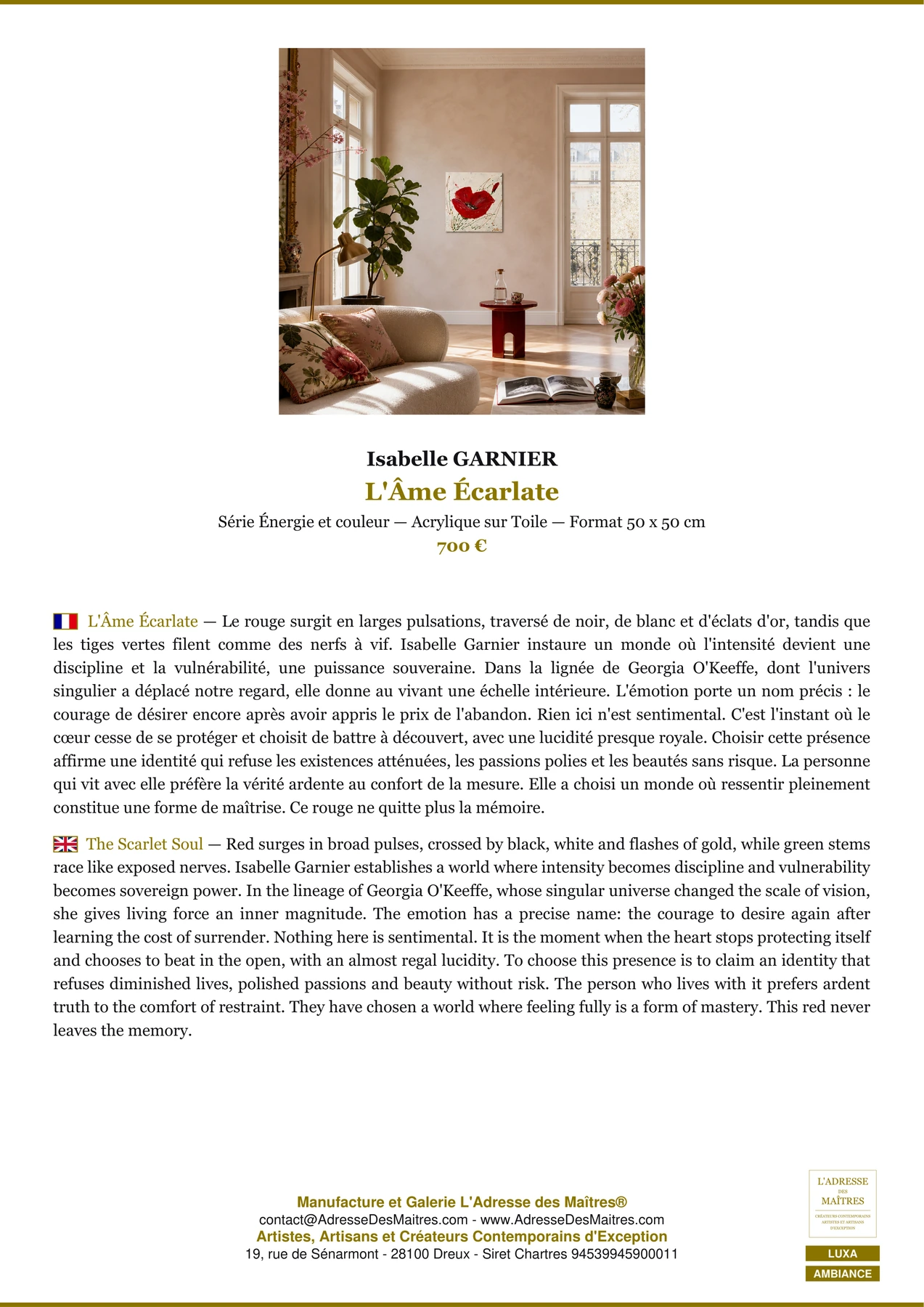Fiche Premium Ambiance - L'Âme Écarlate - Isabelle GARNIER - L'Adresse des Maîtres®