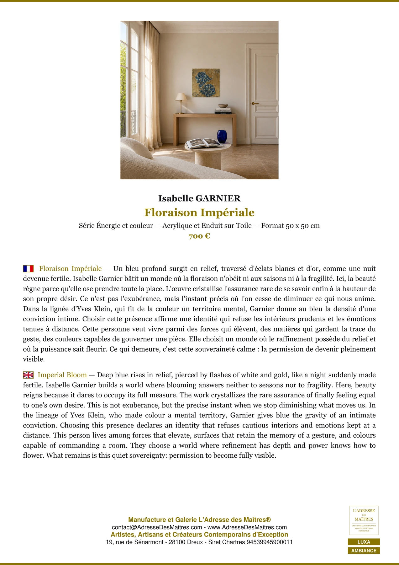 Fiche Premium Ambiance - Floraison Impériale - Isabelle GARNIER - L'Adresse des Maîtres®