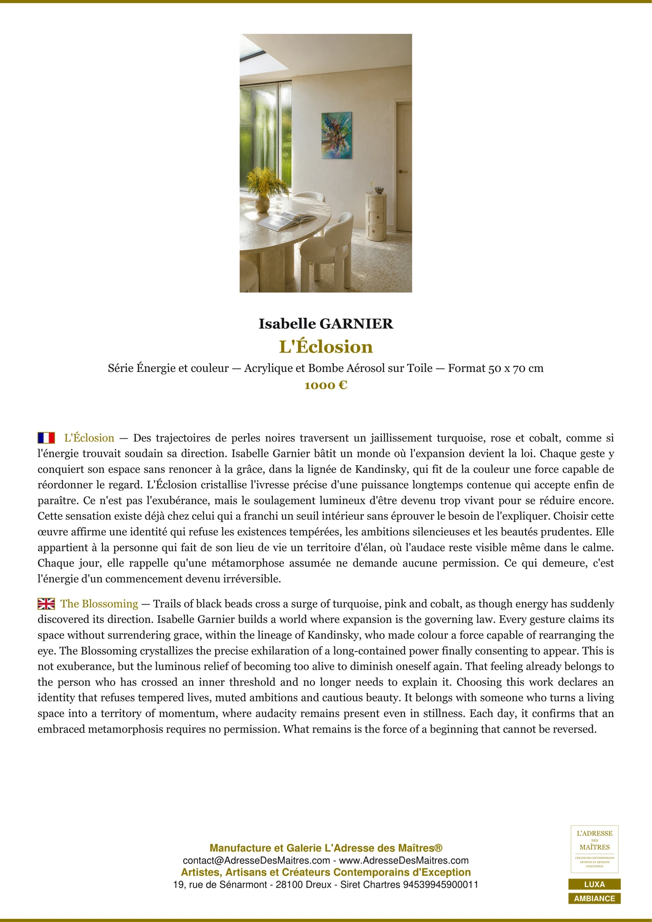 Fiche Premium Ambiance - L'Éclosion - Isabelle GARNIER - L'Adresse des Maîtres®
