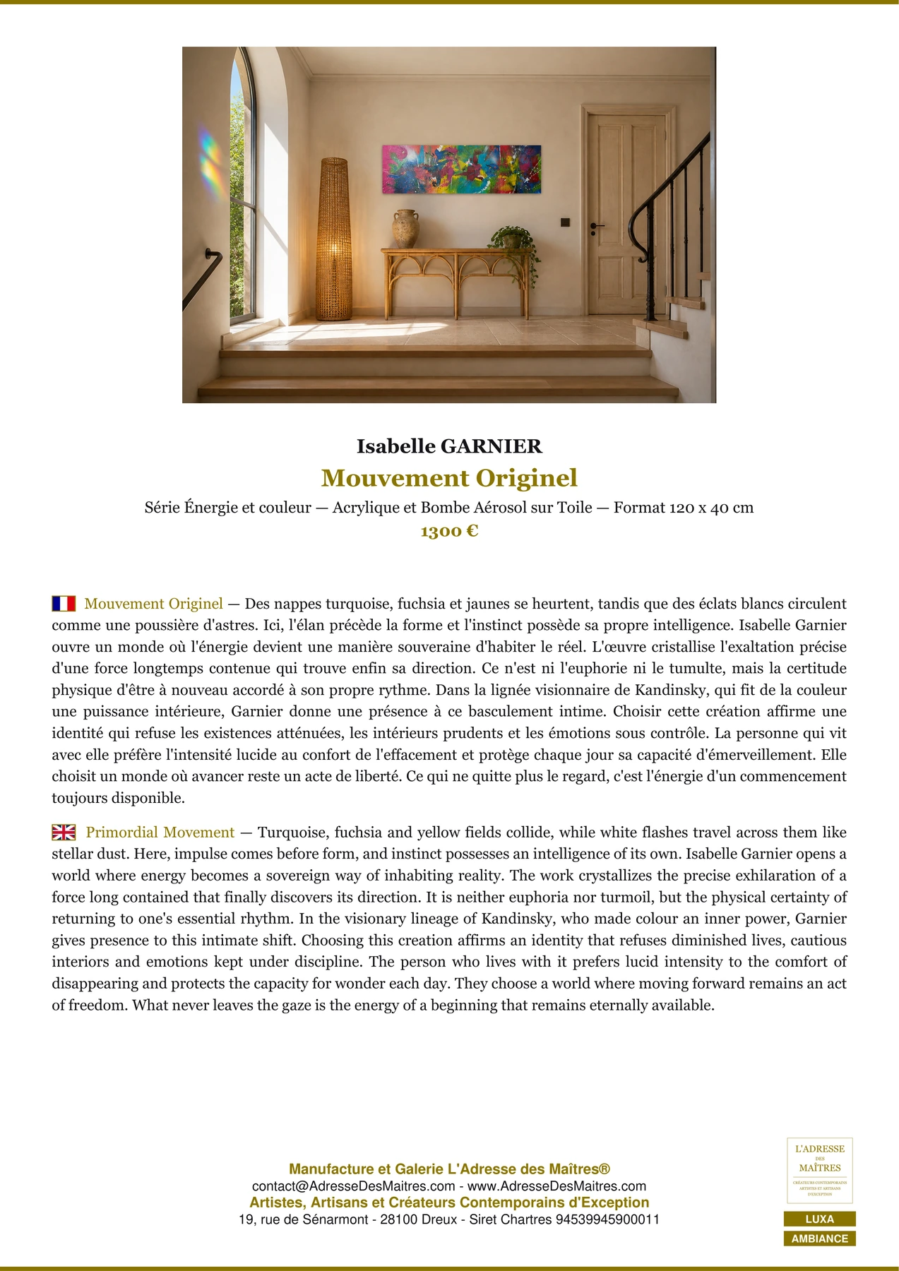 Fiche Premium Ambiance - Mouvement Originel - Isabelle GARNIER - L'Adresse des Maîtres®