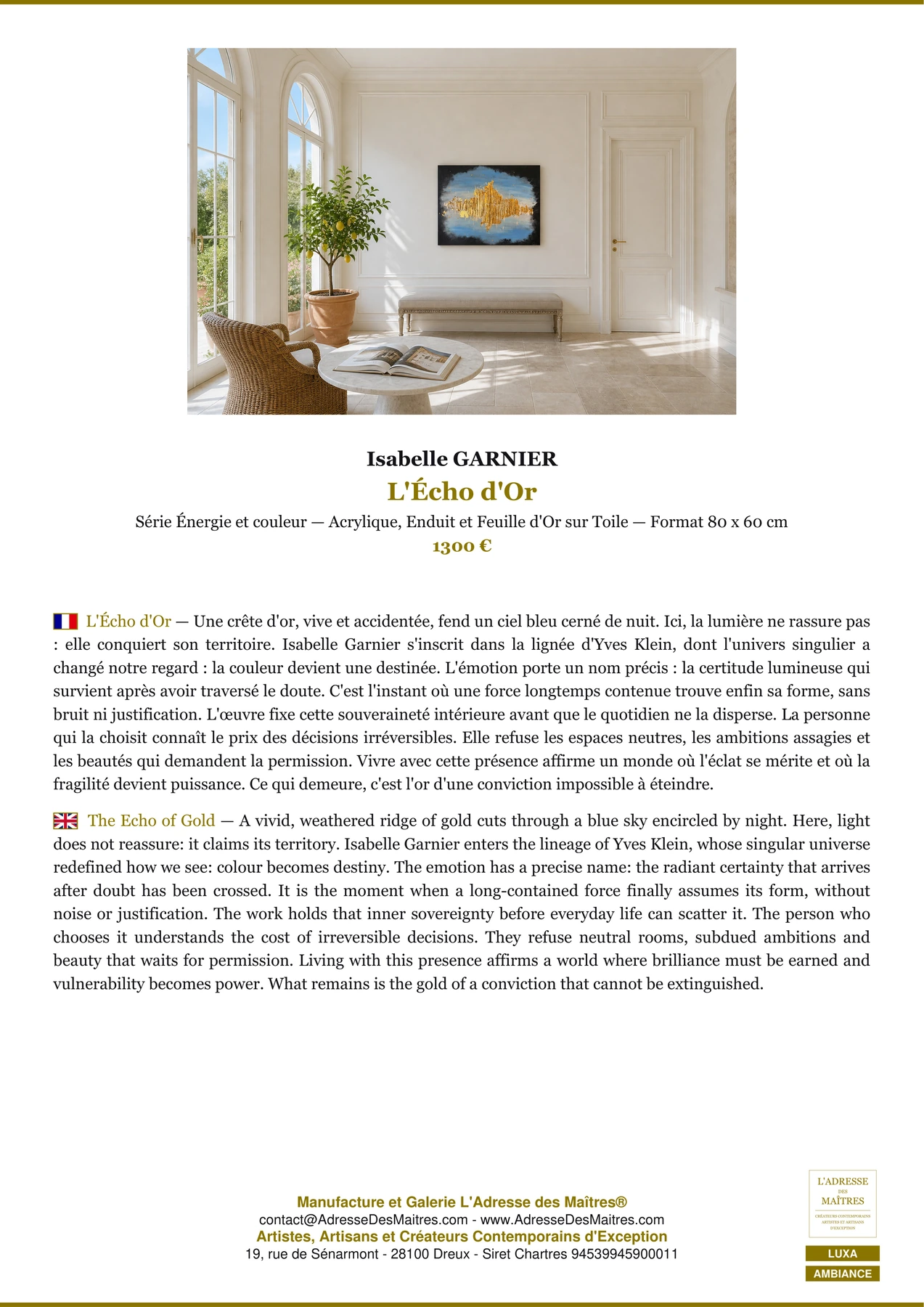 Fiche Premium Ambiance - L'Écho d'Or - Isabelle GARNIER - L'Adresse des Maîtres®