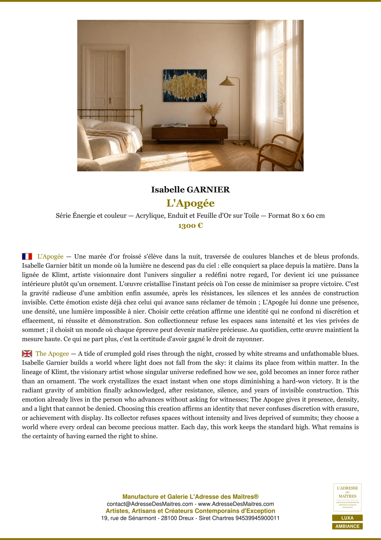 Fiche Premium Ambiance - L'Apogée - Isabelle GARNIER - L'Adresse des Maîtres®