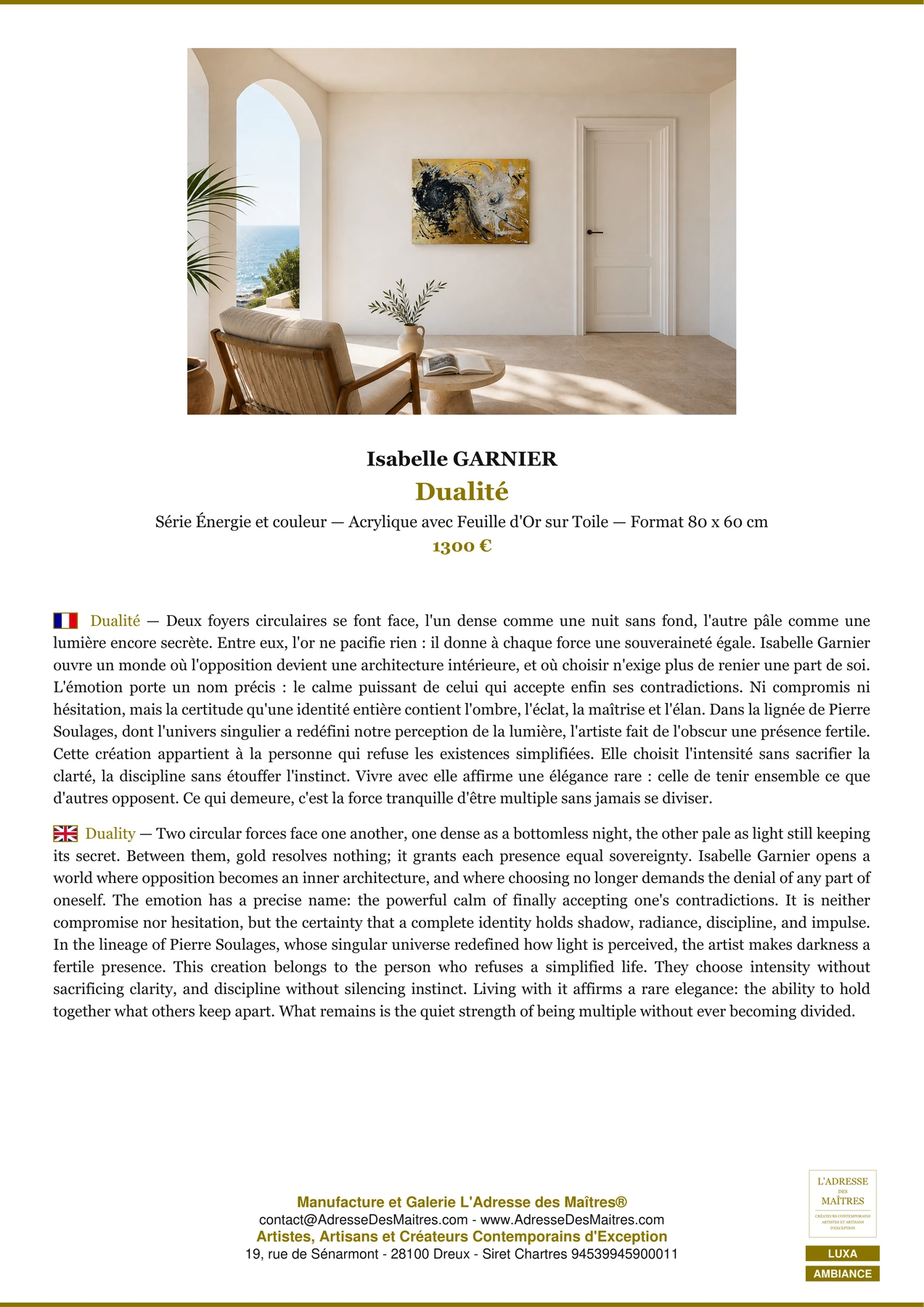Fiche Premium Ambiance - Dualité - Isabelle GARNIER - L'Adresse des Maîtres®