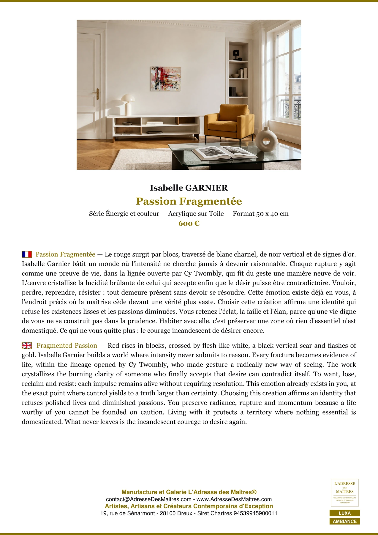 Fiche Premium Ambiance - Passion Fragmentée - Isabelle GARNIER - L'Adresse des Maîtres®