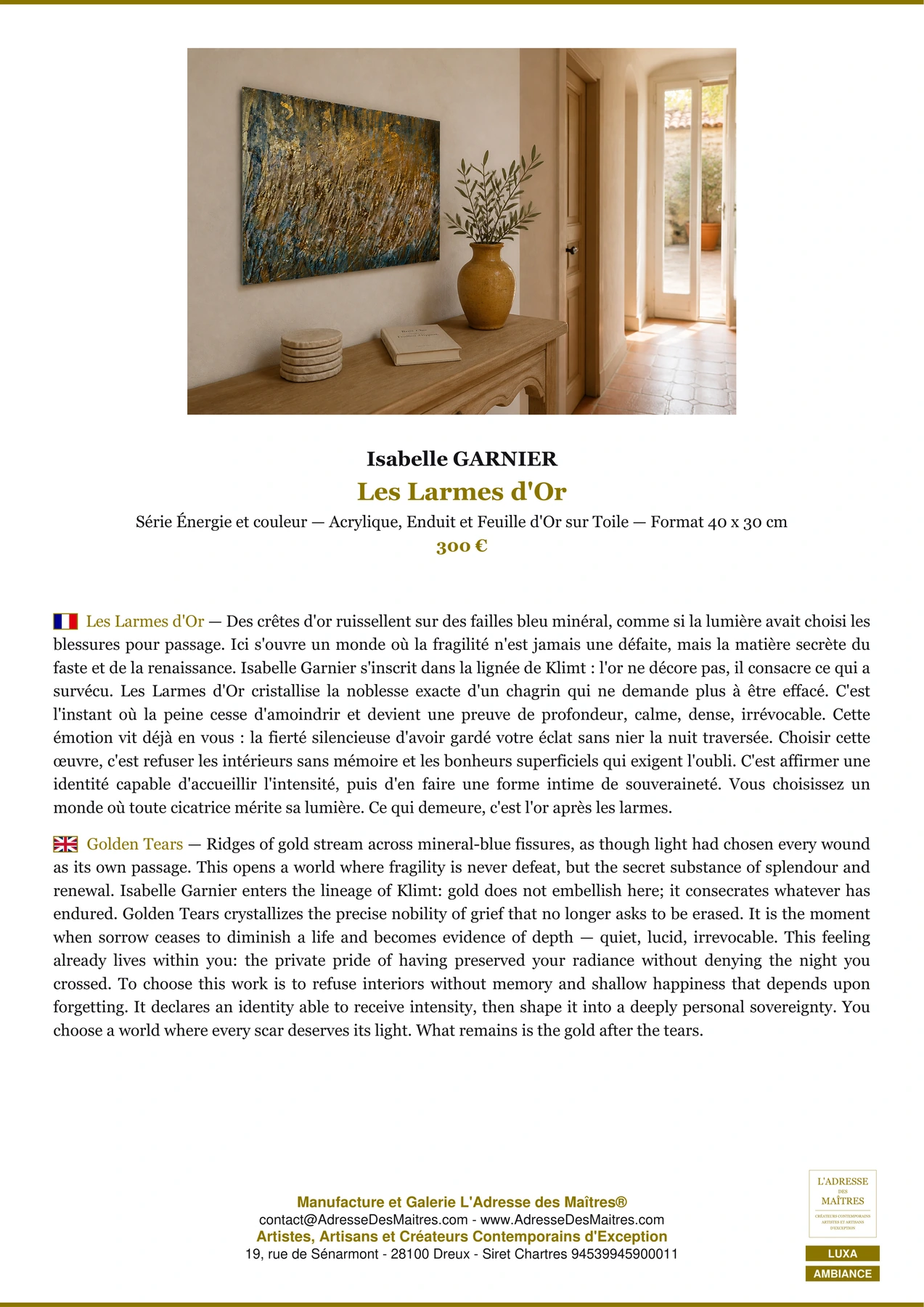 Fiche Premium Ambiance - Les Larmes d'Or - Isabelle GARNIER - L'Adresse des Maîtres®