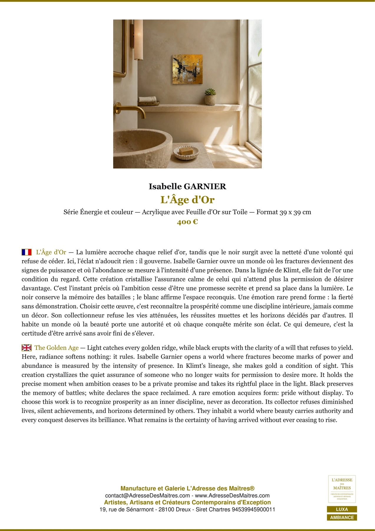 Fiche Premium Ambiance - L'Âge d'Or - Isabelle GARNIER - L'Adresse des Maîtres®