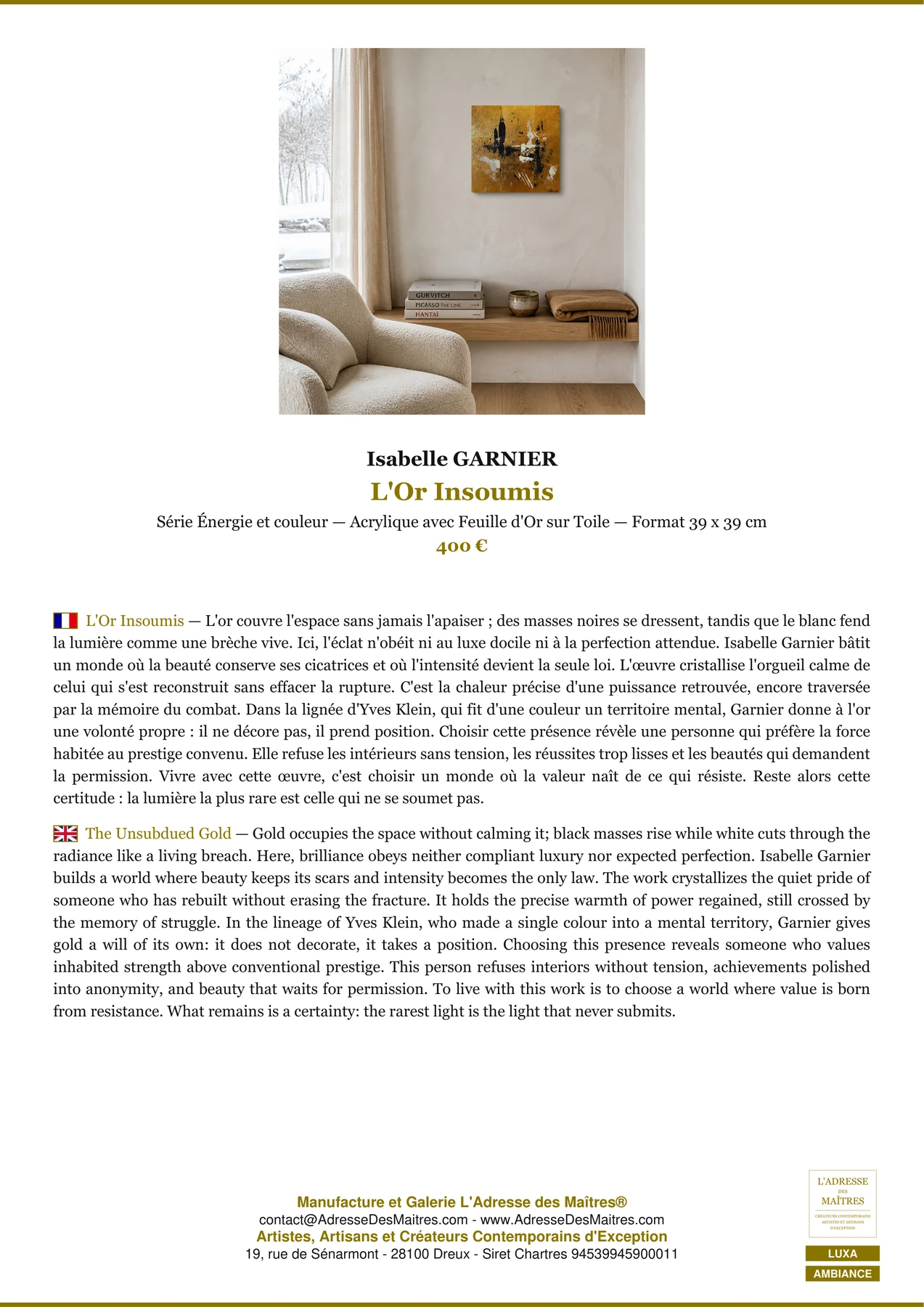 Fiche Premium Ambiance - L'Or Insoumis - Isabelle GARNIER - L'Adresse des Maîtres®