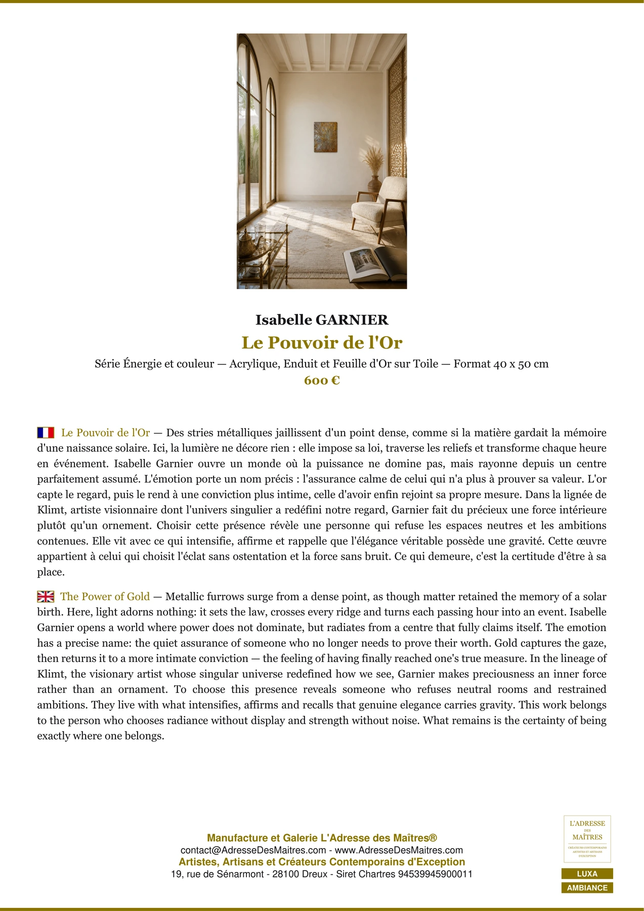 Fiche Premium Ambiance - Le Pouvoir de l'Or - Isabelle GARNIER - L'Adresse des Maîtres®