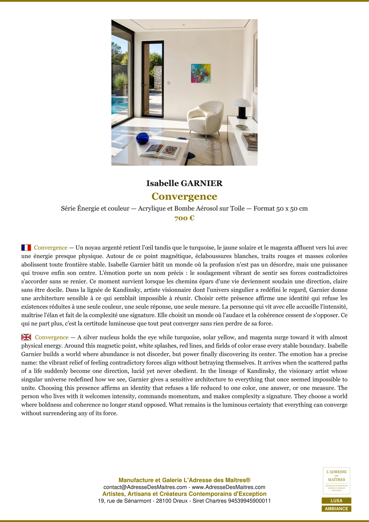 Fiche Premium Ambiance - Convergence - Isabelle GARNIER - L'Adresse des Maîtres®
