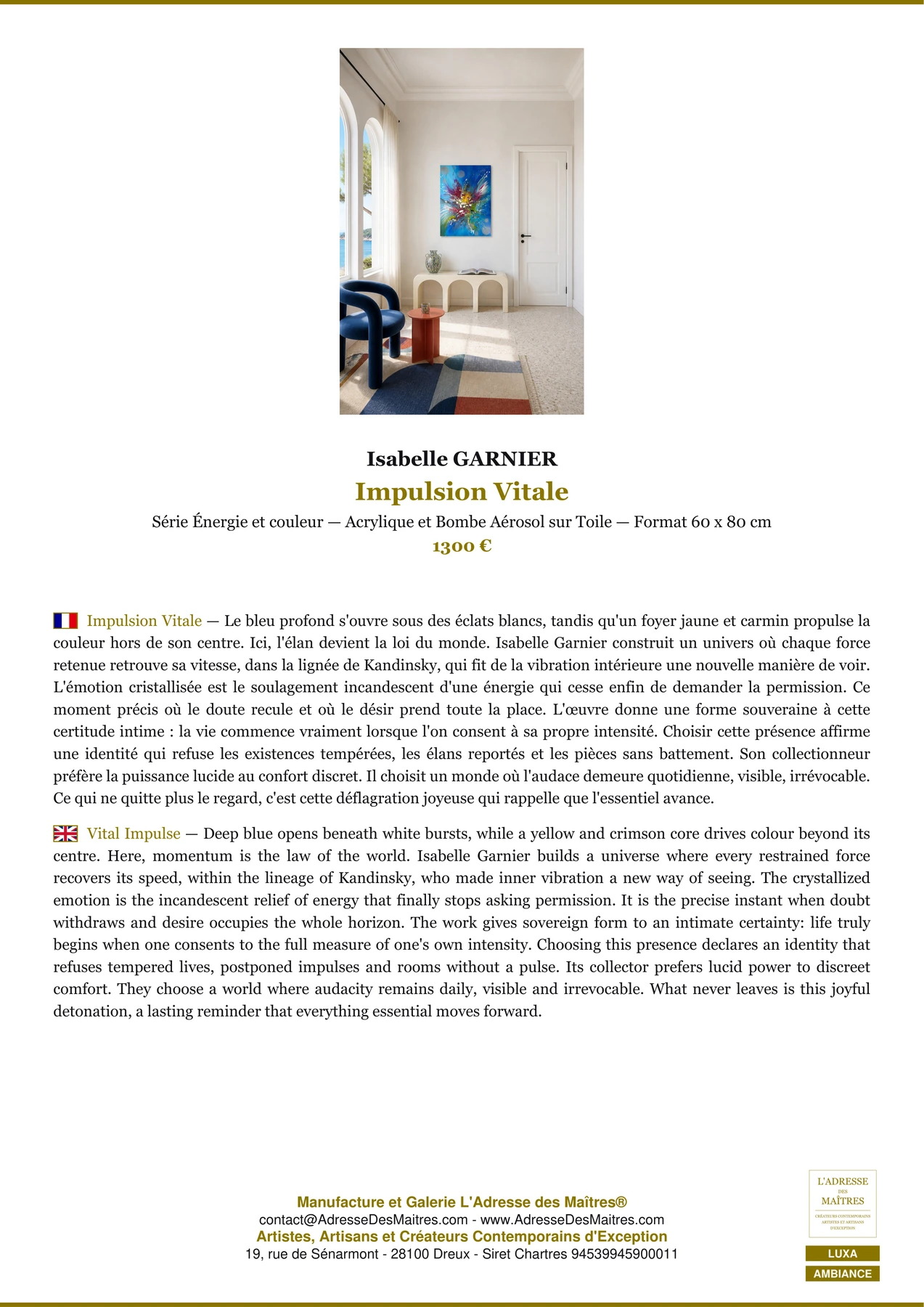 Fiche Premium Ambiance - Impulsion Vitale - Isabelle GARNIER - L'Adresse des Maîtres®